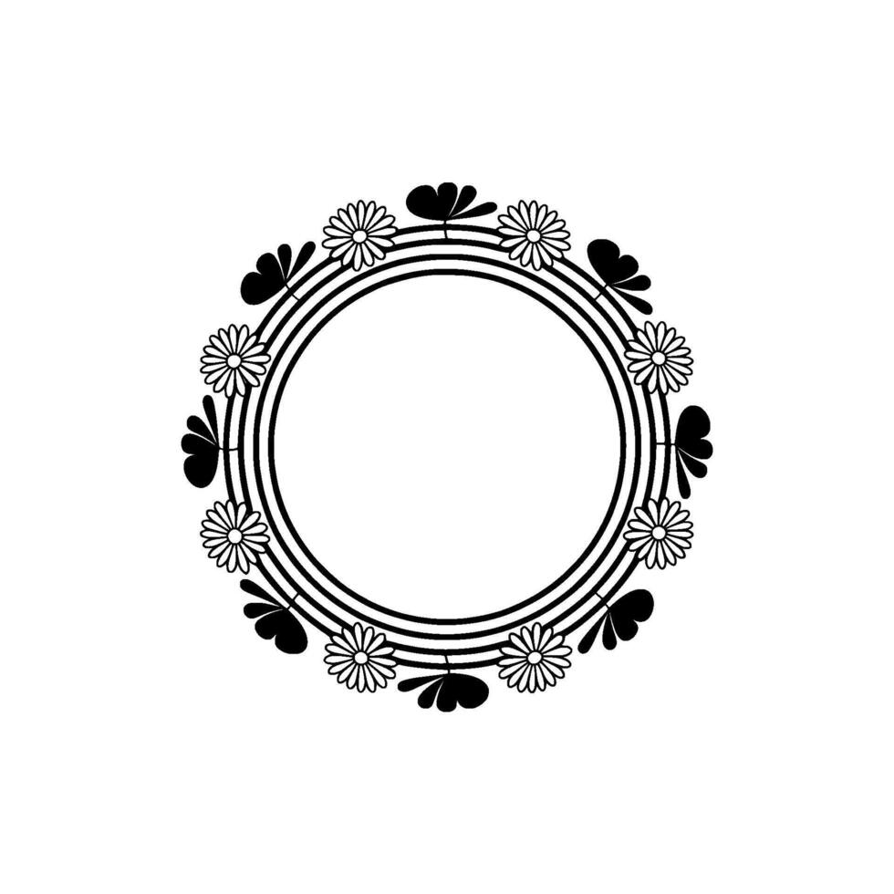 Floral Circle Frame Minimalist Black and White, Daisy vector