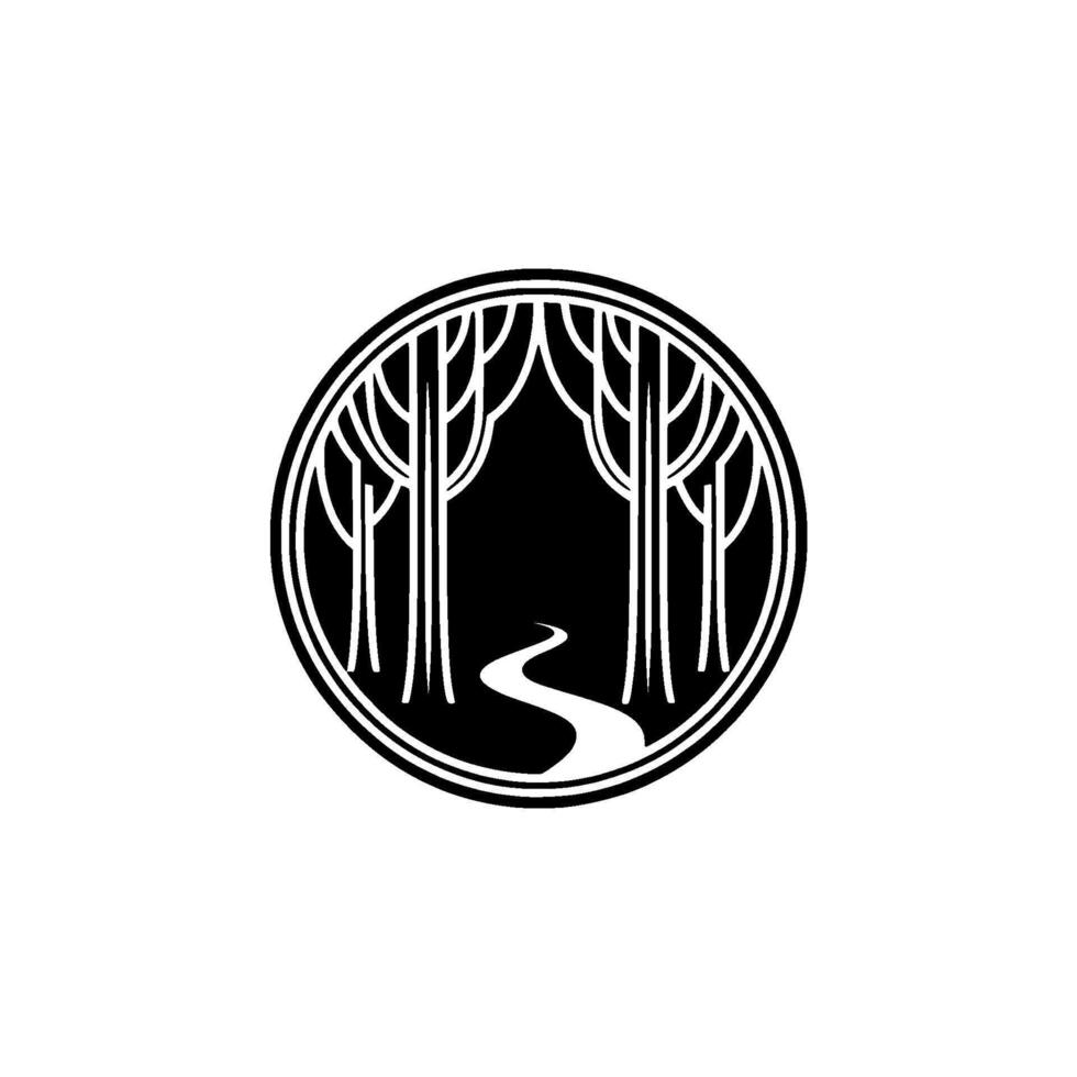 Serene Forest Path, Circular Emblem, Vintage Illustration vector