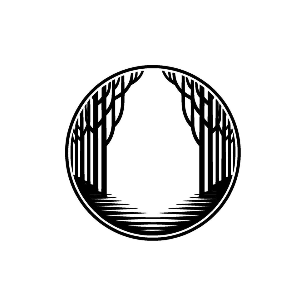 Serene Forest Gateway, Circular Emblem, Silhouette vector