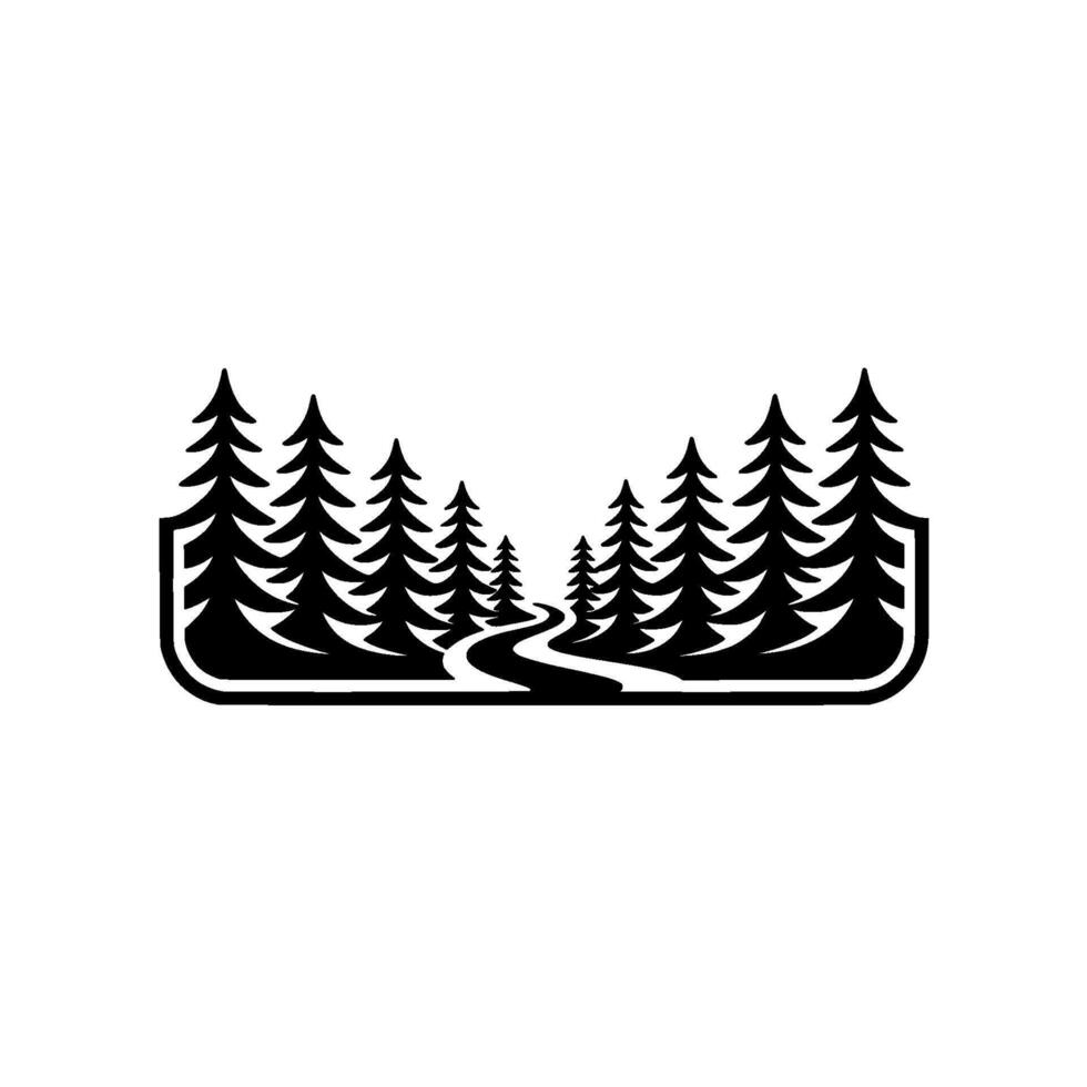 Forest Silhouette, River Flow, Minimalist Landscape Emblem vector