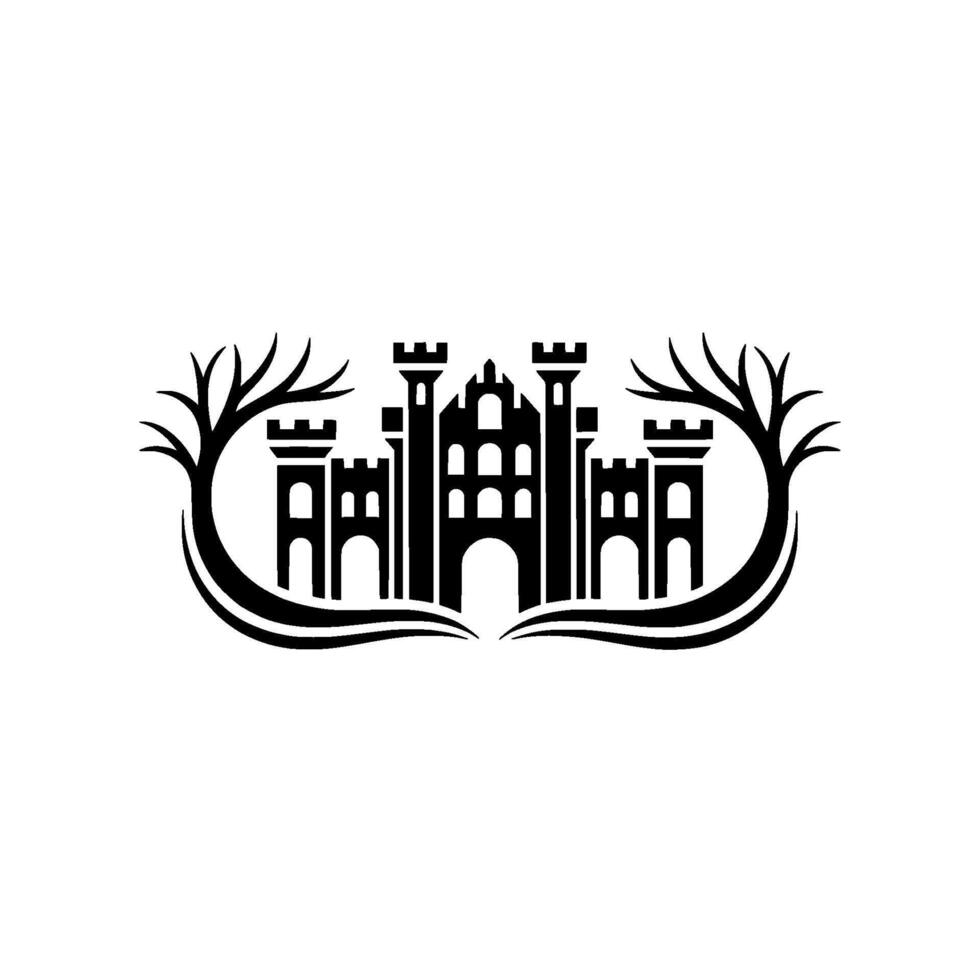Gothic Castle Silhouette, Branch Embrace, Minimalist vector