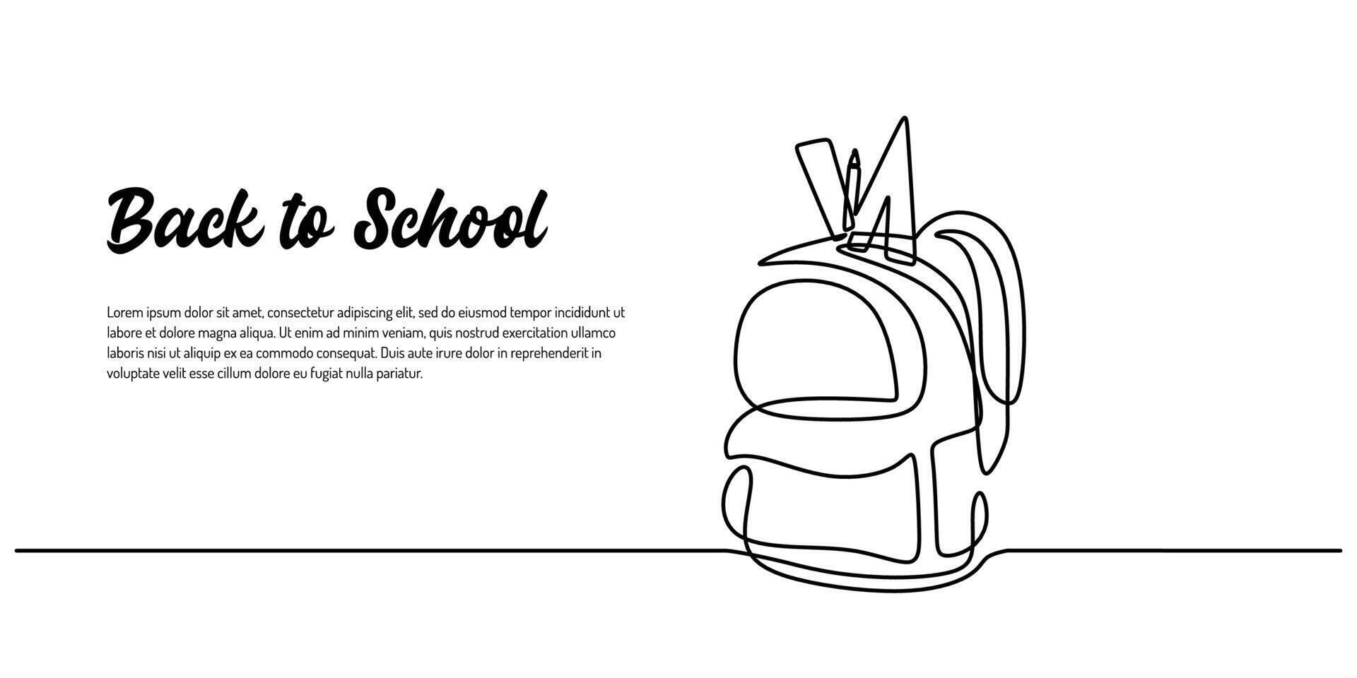 Back to School template Banner. One Line Drawing with Backpack Stationery. vector