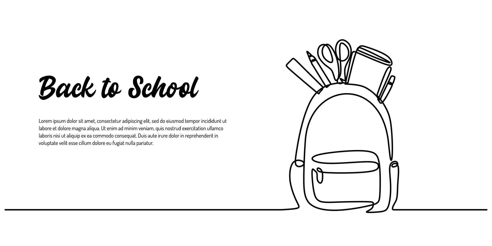 Back to school banner one line drawing of school bag with stationery for marketing promotion minimalist. vector
