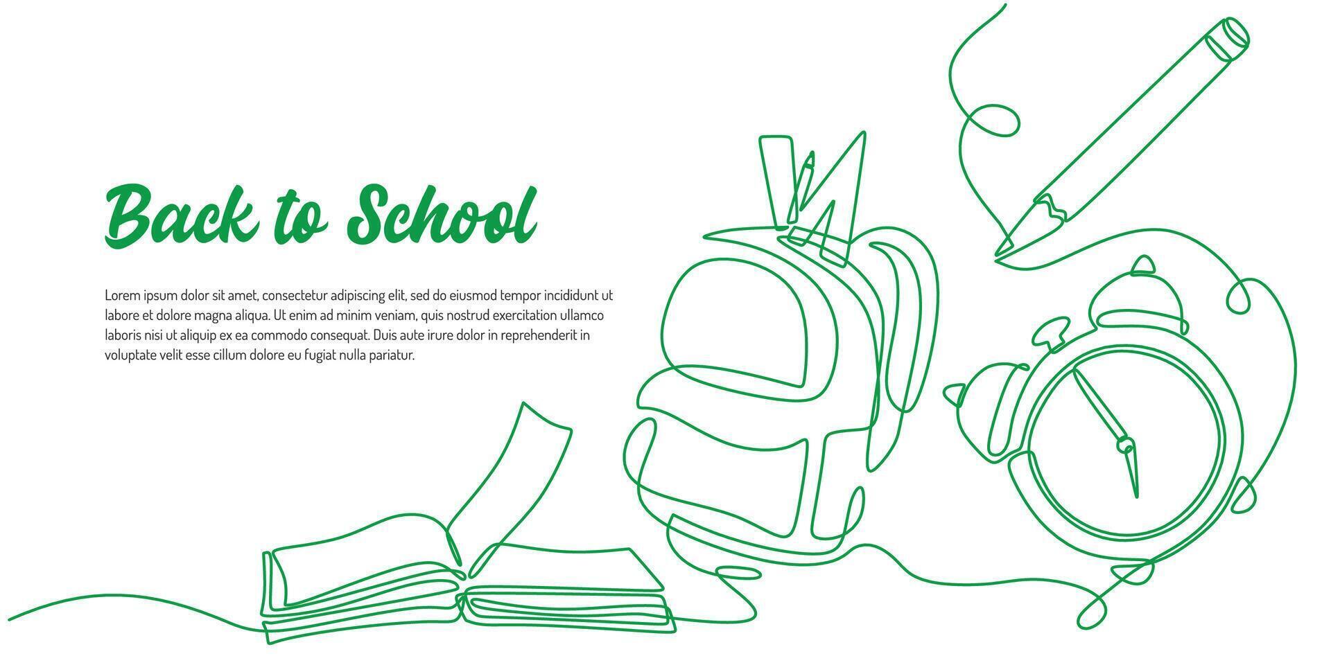 Back to school banner one line drawing with stationery kit design. vector