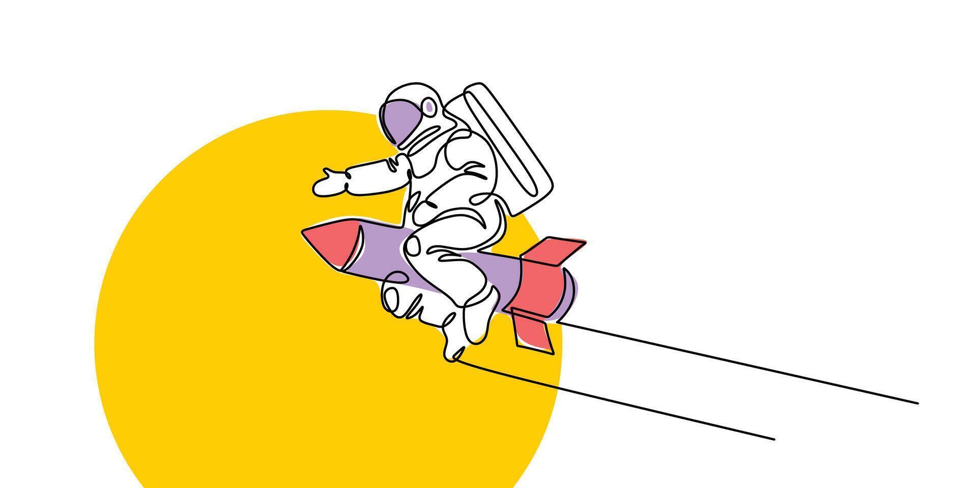 Astronaut on rocket ship one line art vector