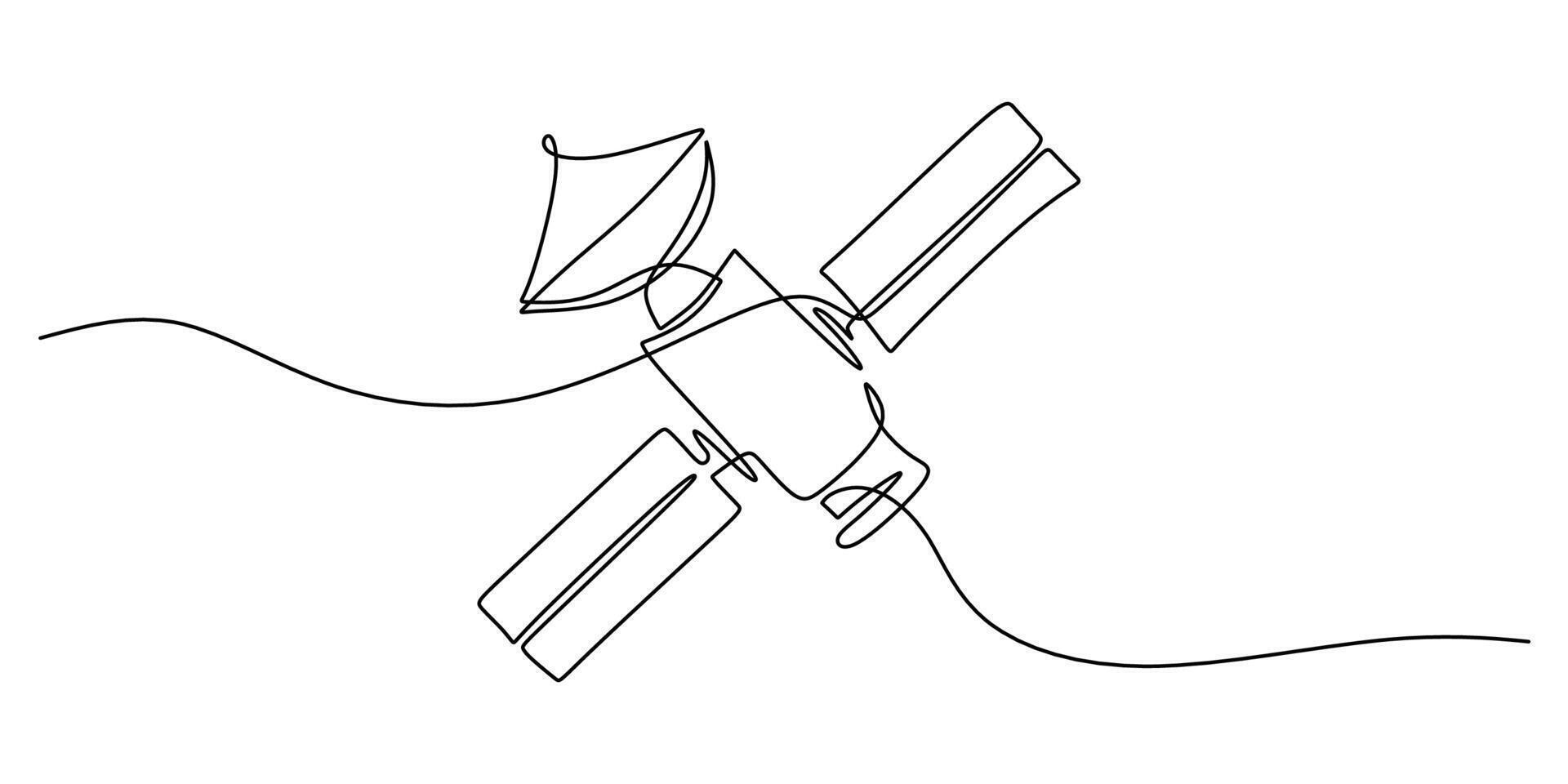 Orbiting satellite in space continuous line vector