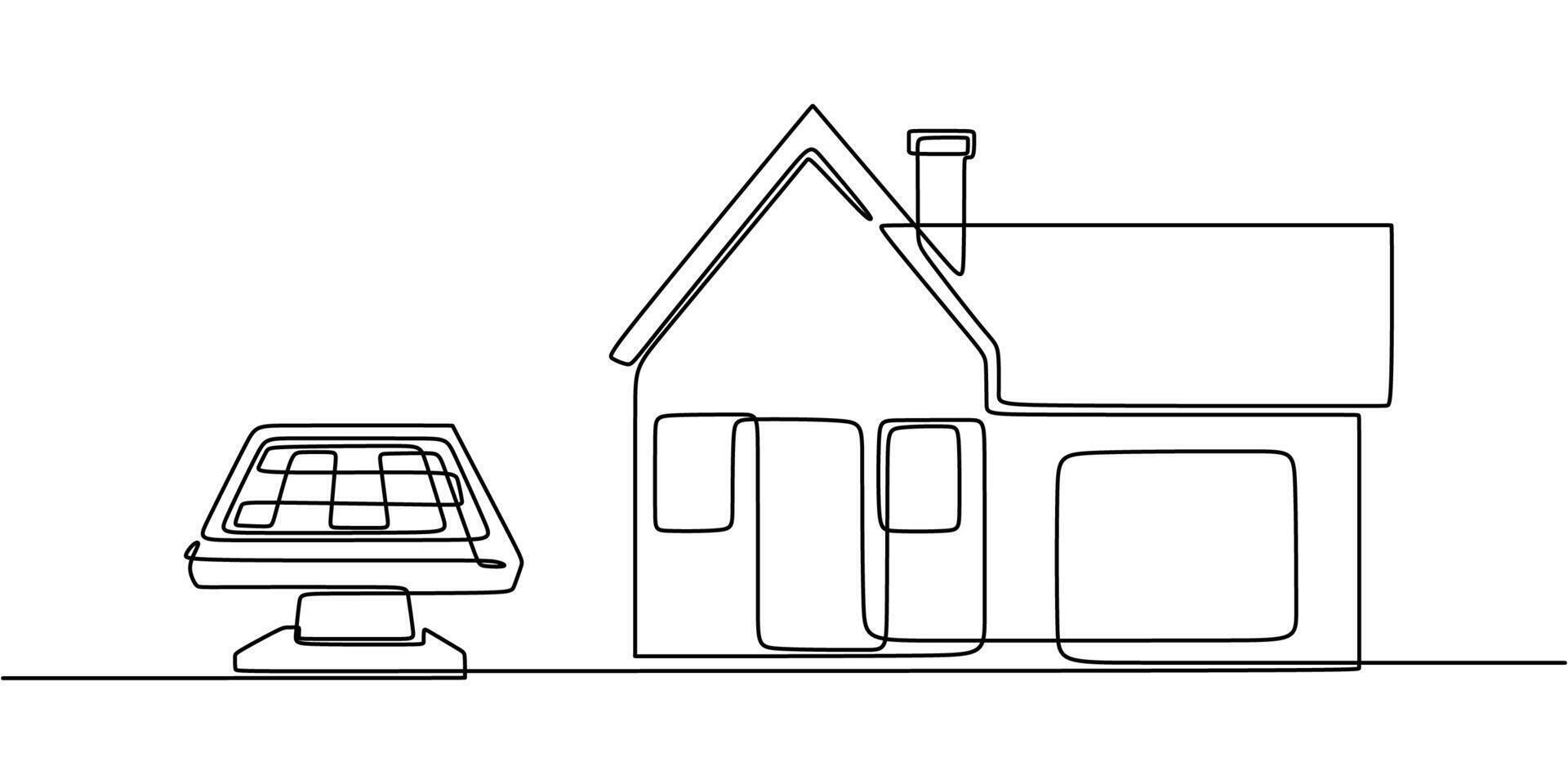 Solar panel powering home one line art vector