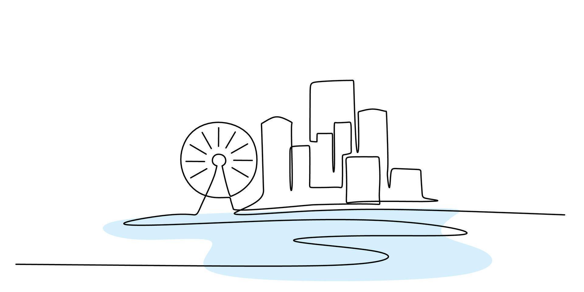 Ferris wheel and skyscraper one line art vector