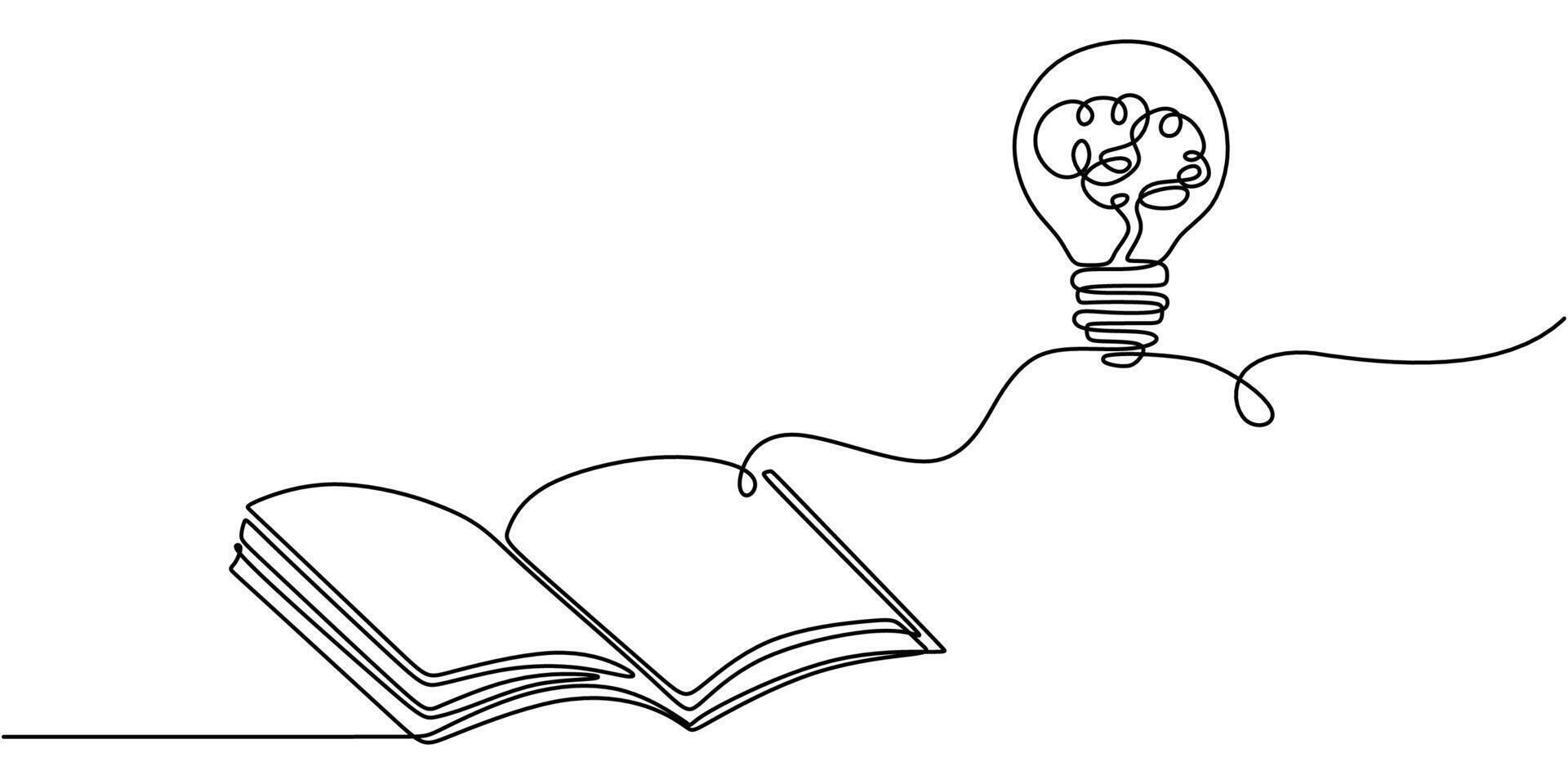 One Line Drawing of Open Book with Brain and Bulb vector