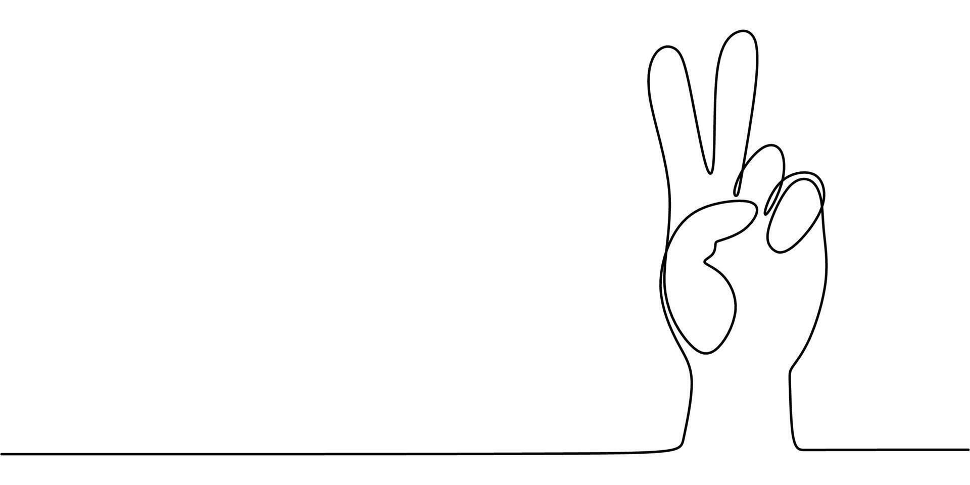 Hands making peace sign one line art vector