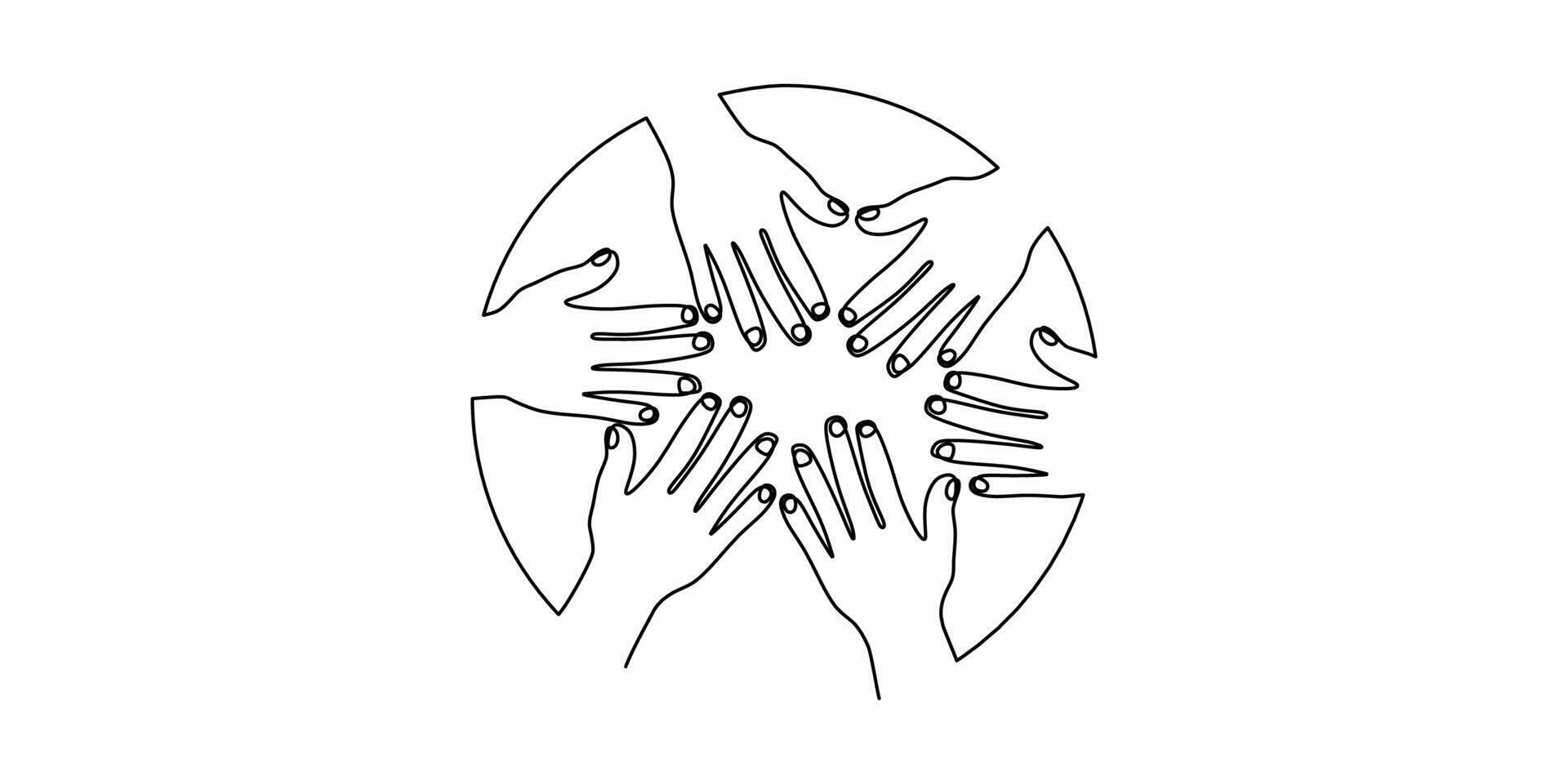 Unity through hands teamwork one line drawing vector