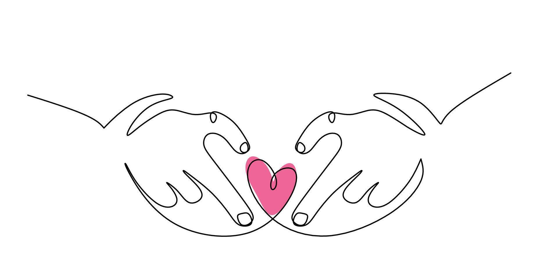 Heart in hands together one line drawing vector