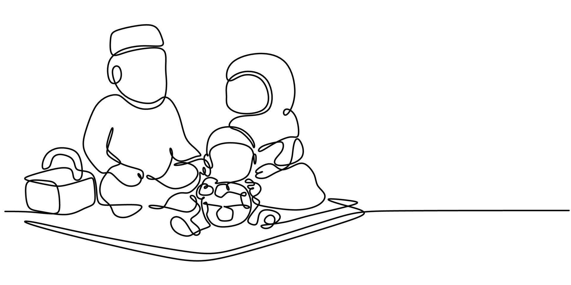 Joyful muslim family continuous line art vector