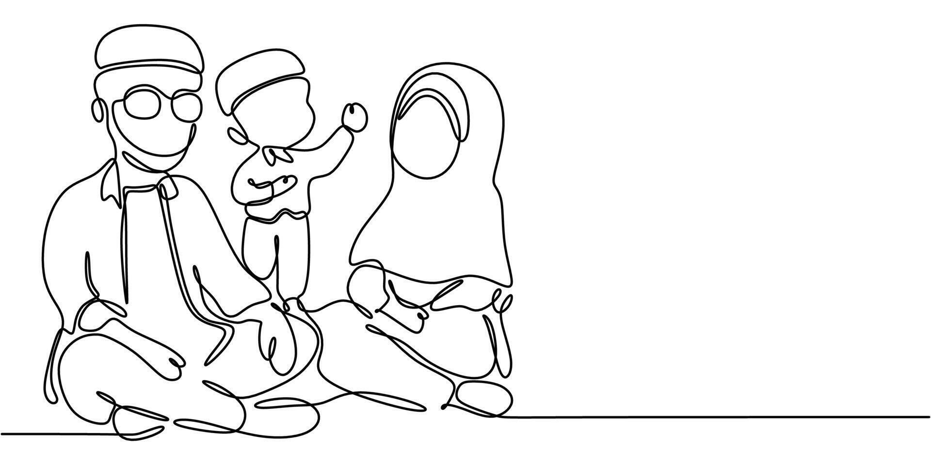 Muslim family togetherness one line drawing vector