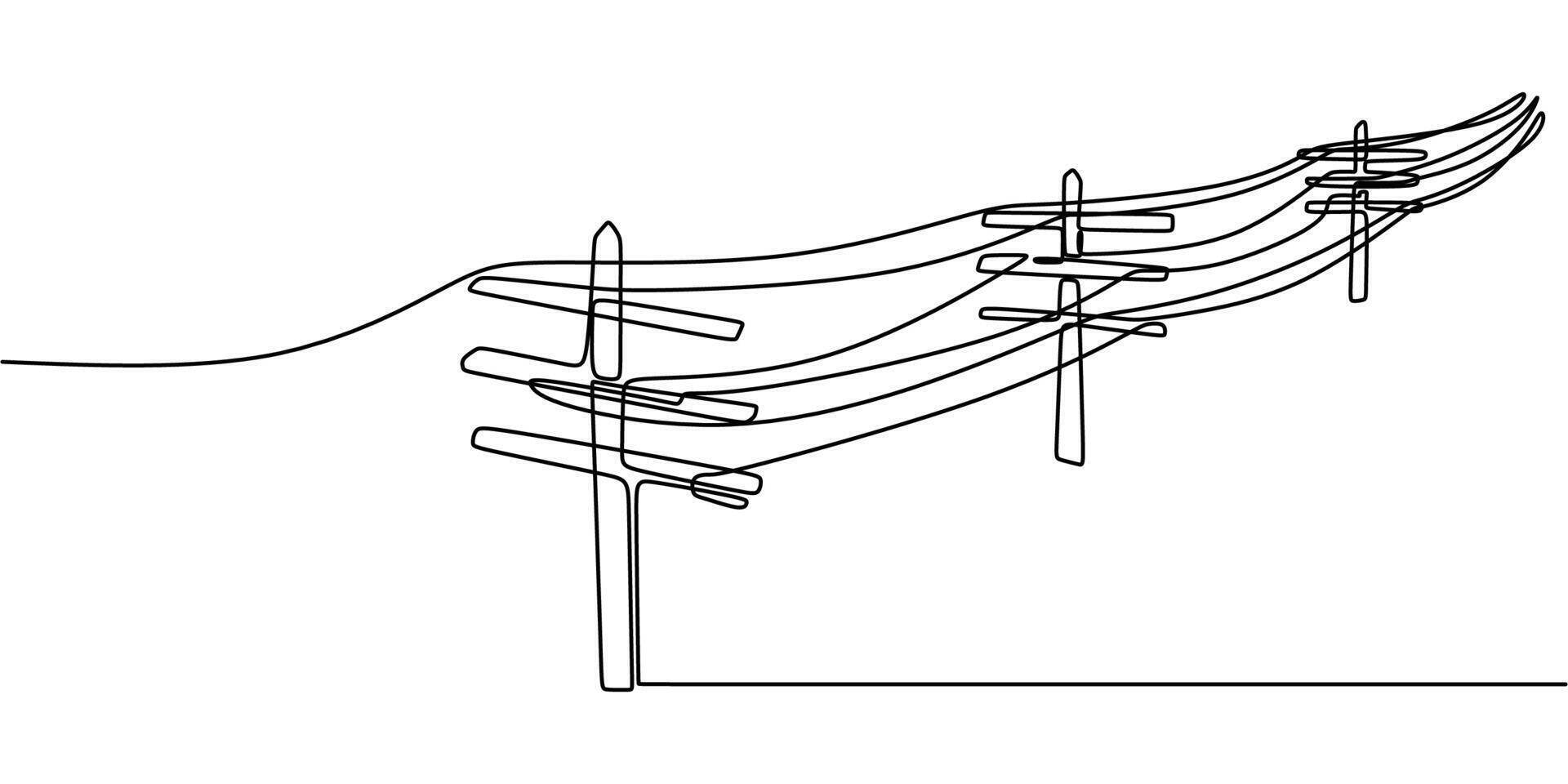 Electric cables on pole one line drawing vector