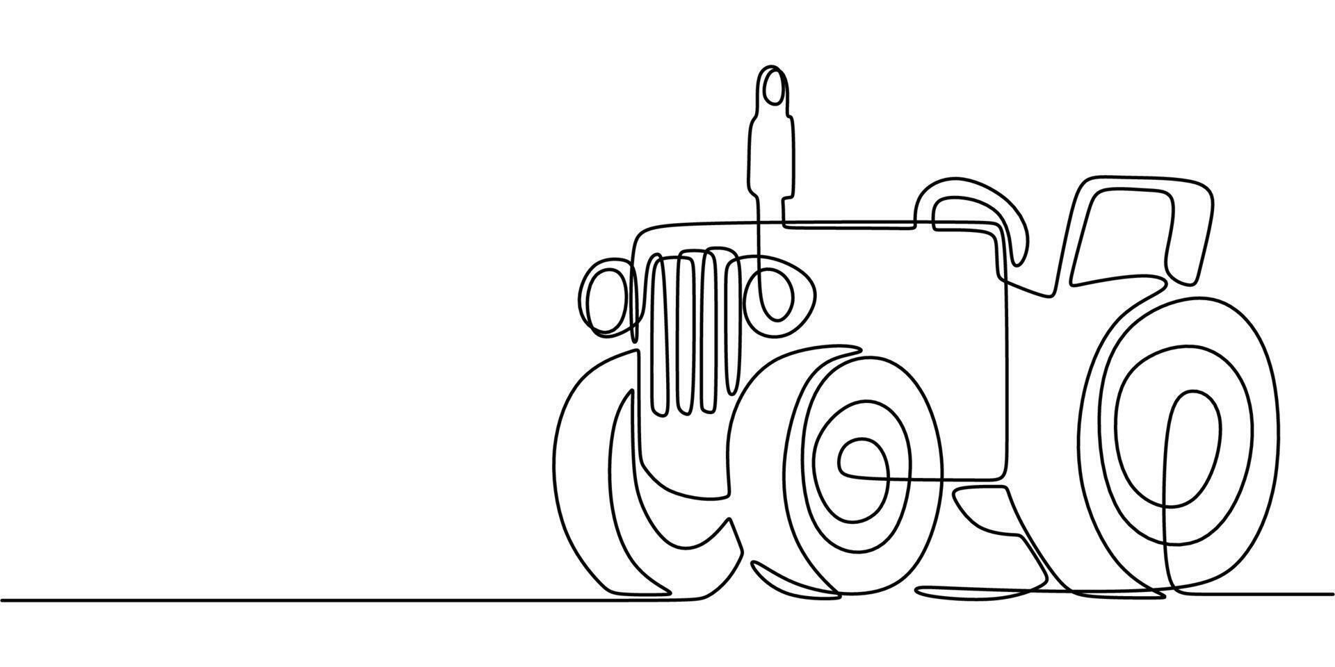 Agriculture tractor big wheels one line art vector