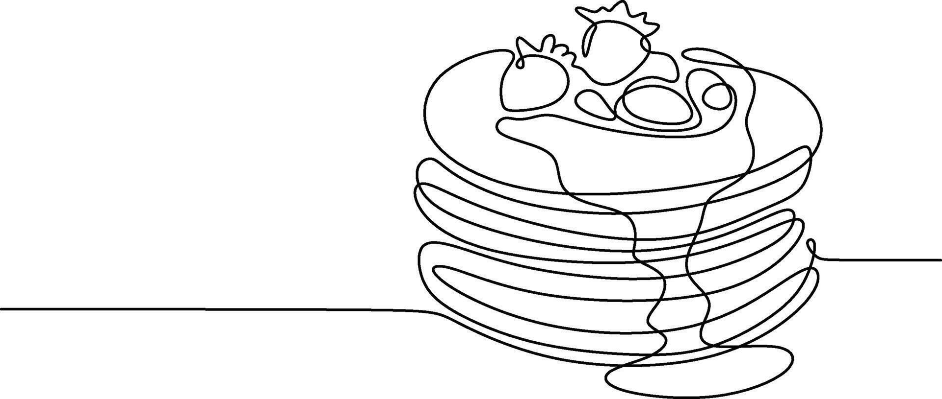 Breakfast pancakes with fruit one line drawing vector