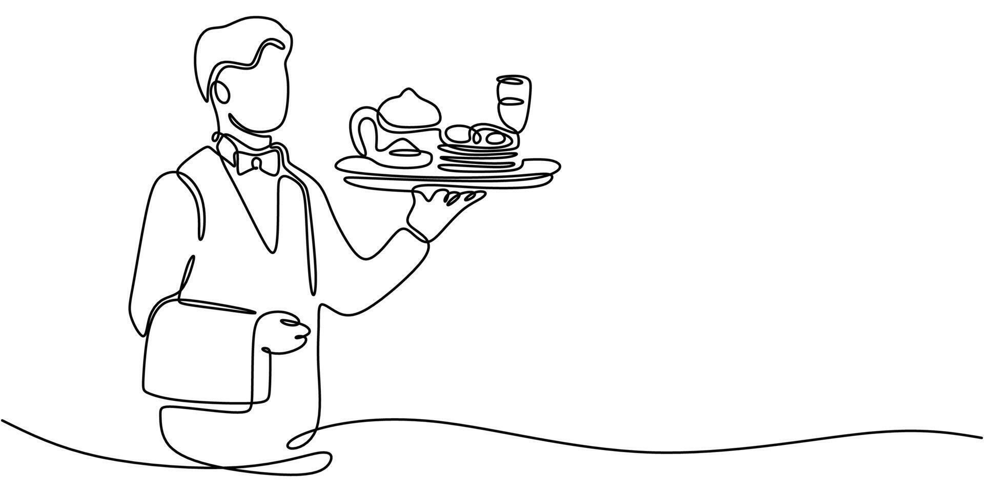 Waiter Carrying Tray Line Art vector
