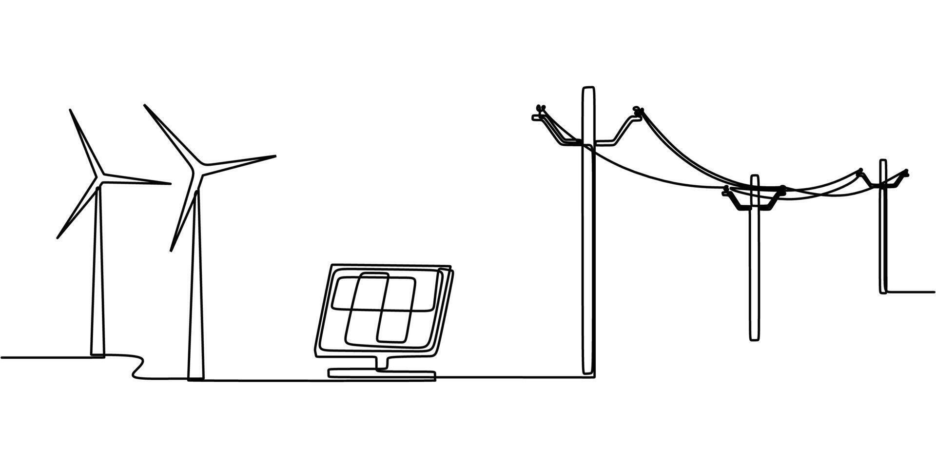 Power Grid with Wind Turbines Drawing vector
