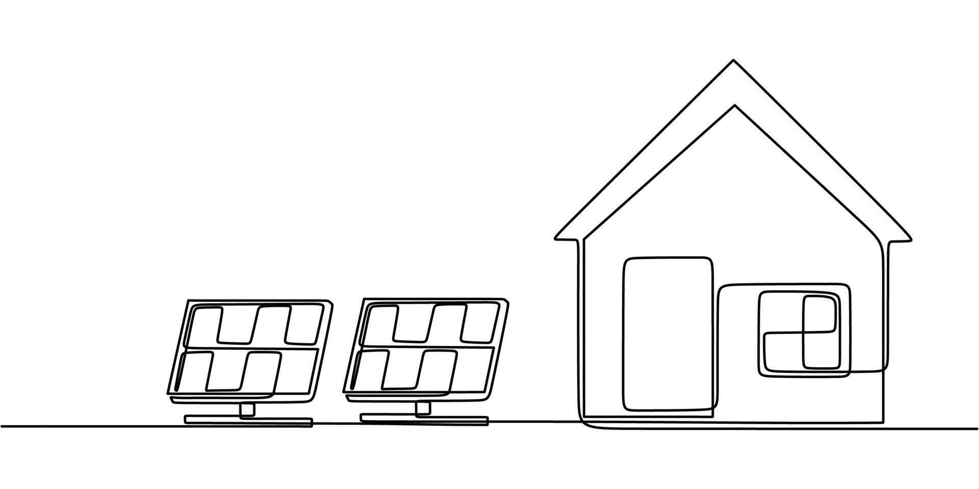 Sustainable eco house with solar panels line art vector