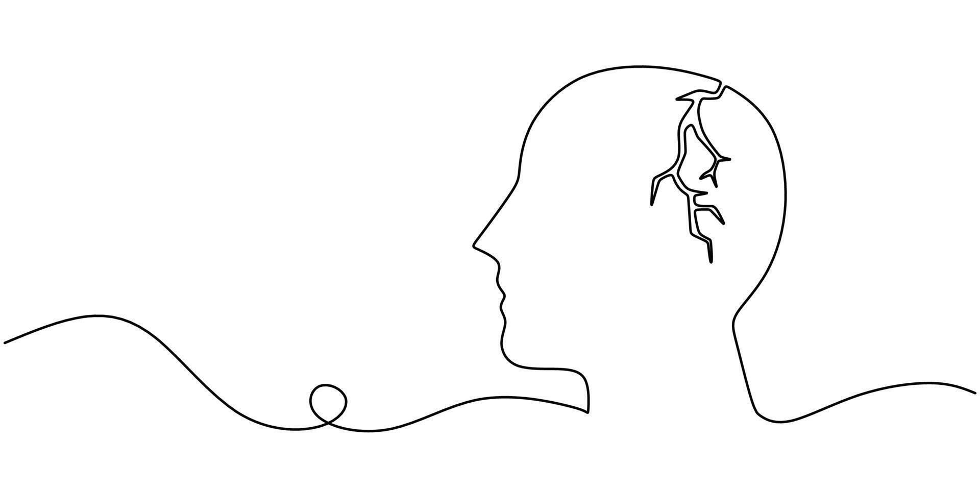 Cracked face representing psychological trauma line art vector