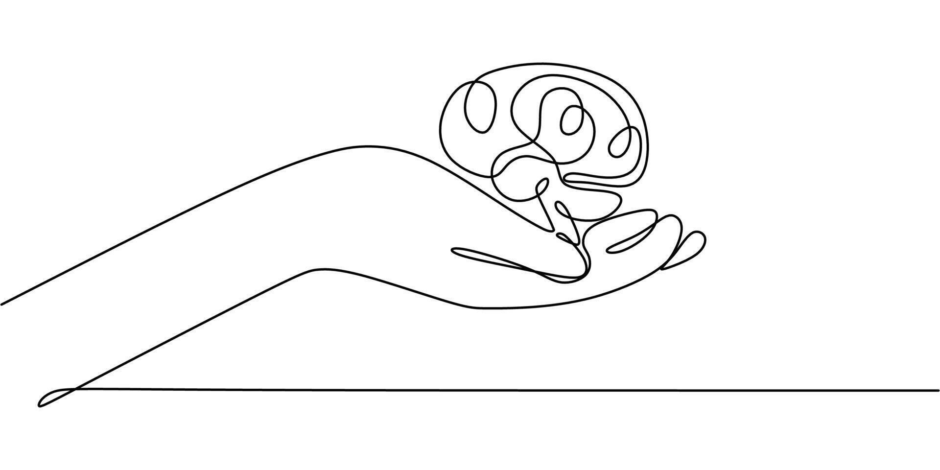 Person holding human brain continuous line art vector