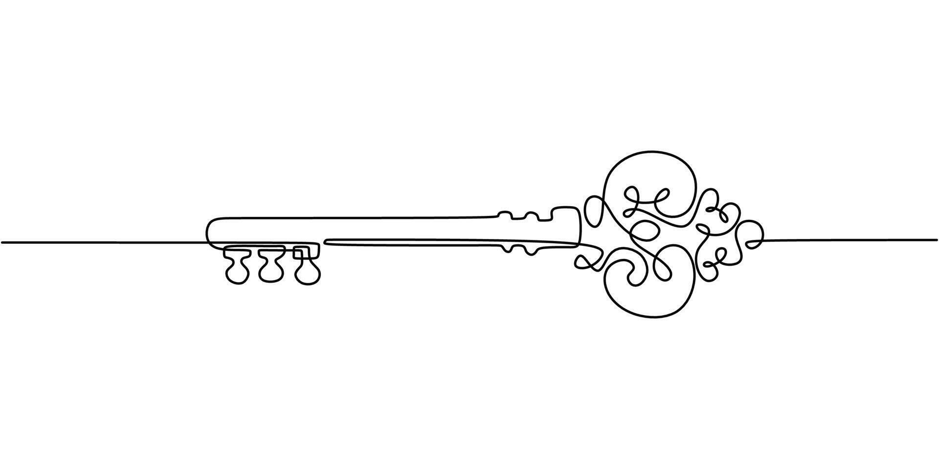Ornate antique key one line drawing vector