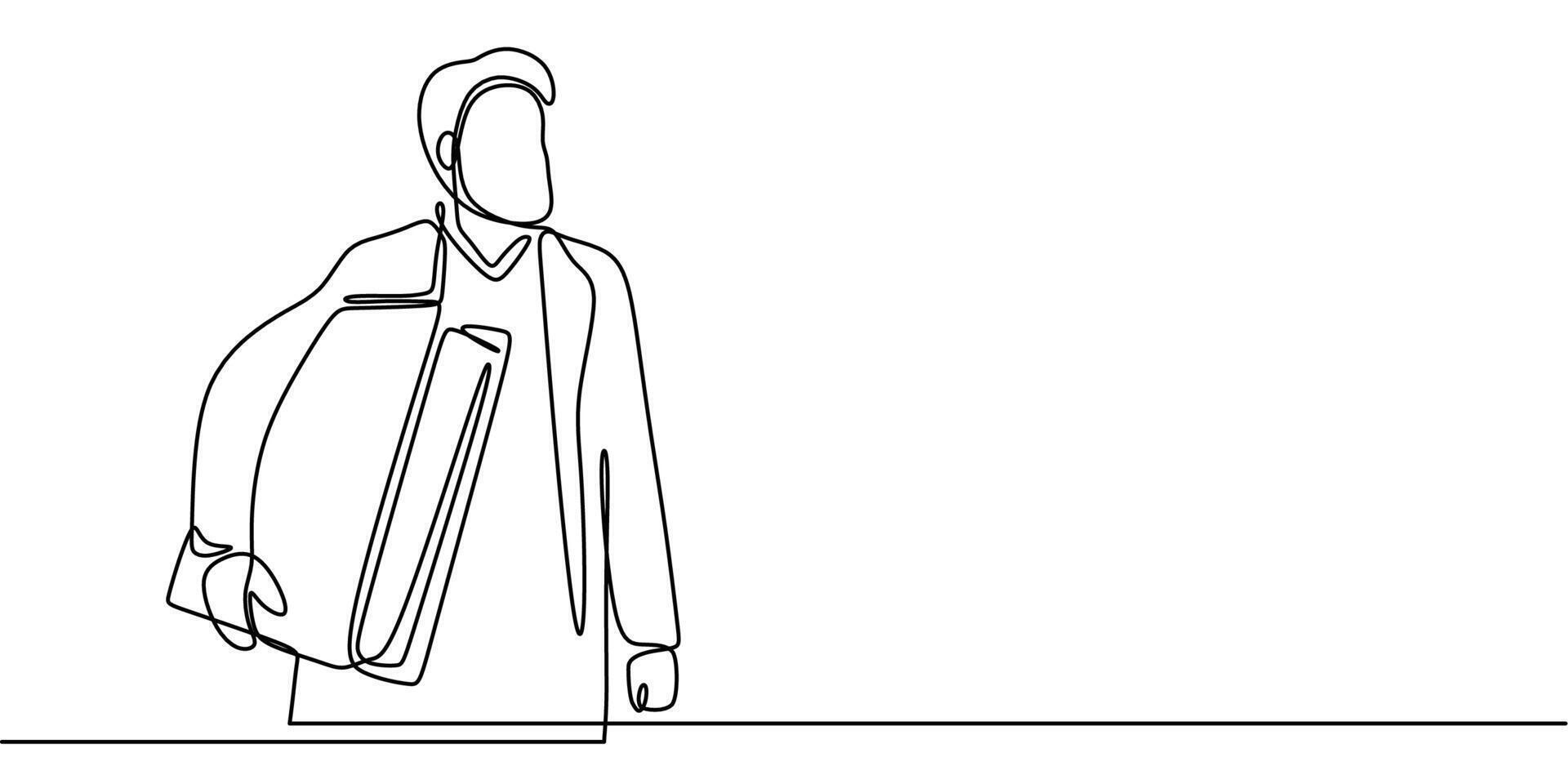 One line drawing of a man carrying a large bag, representing hard work and dedication to goals. vector