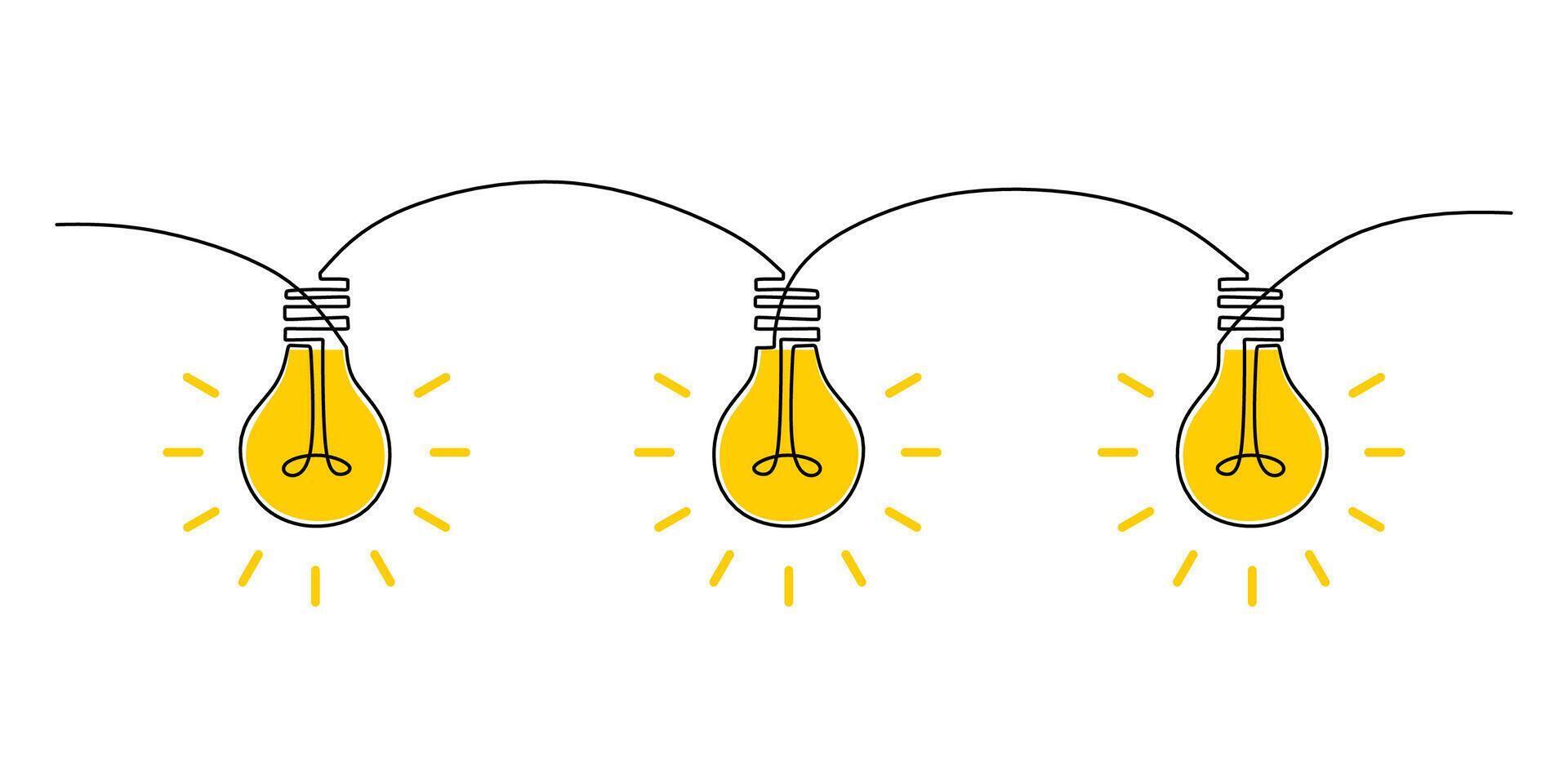 Minimalist one line drawing of hanging light bulbs, symbolizing creative ideas and innovation. vector