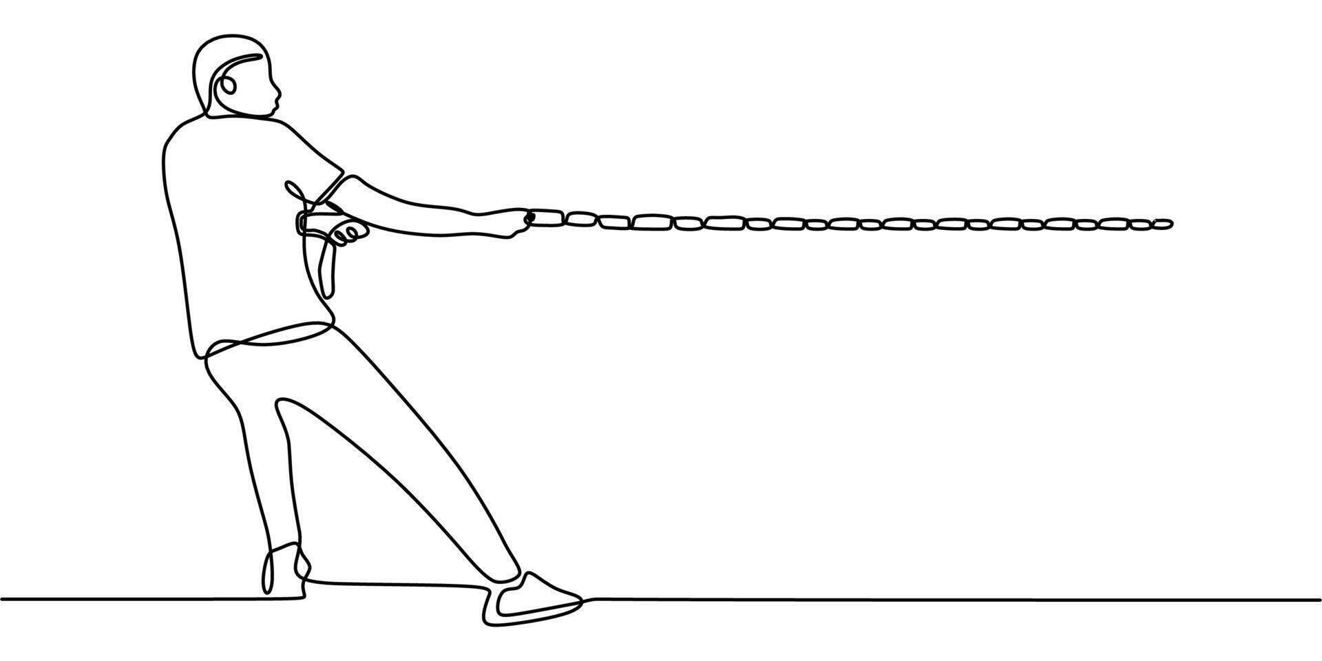 One line drawing of a man pulling a rope, representing determination and overcoming obstacles. vector