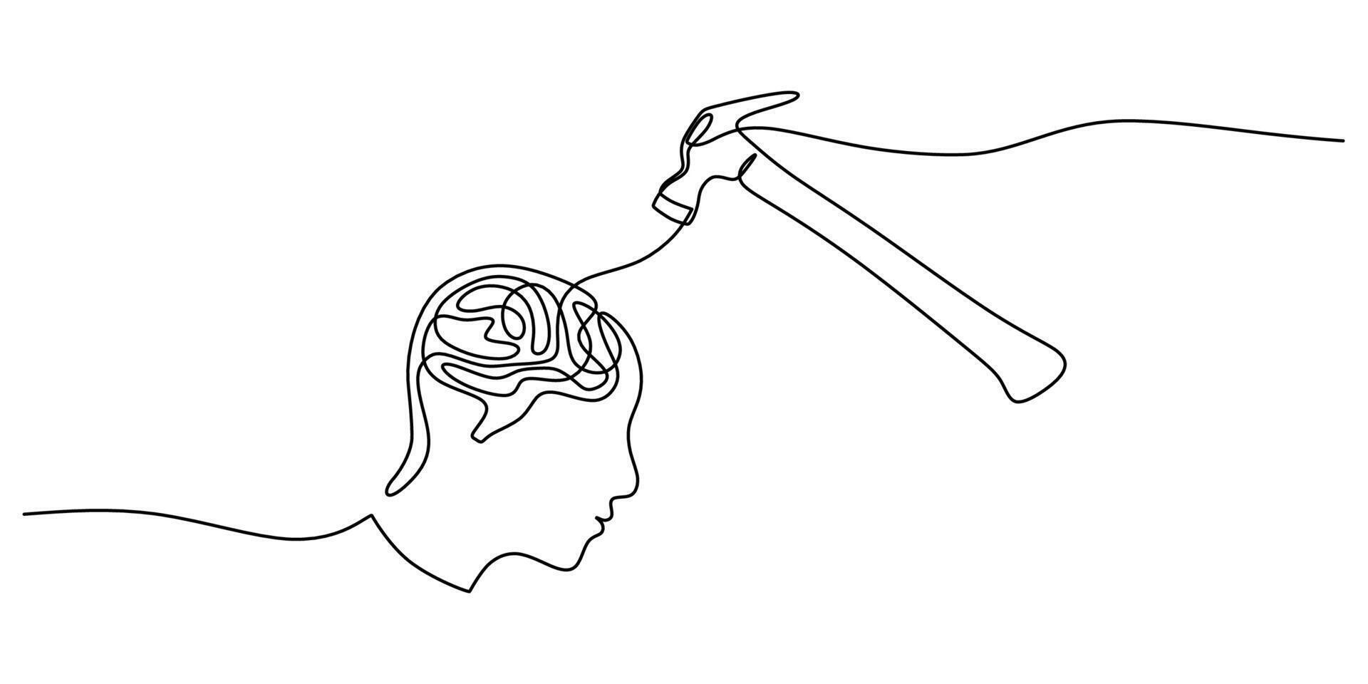 Continuous one line drawing of a head with a brain and hammer, representing mental pressure and problem solving. vector