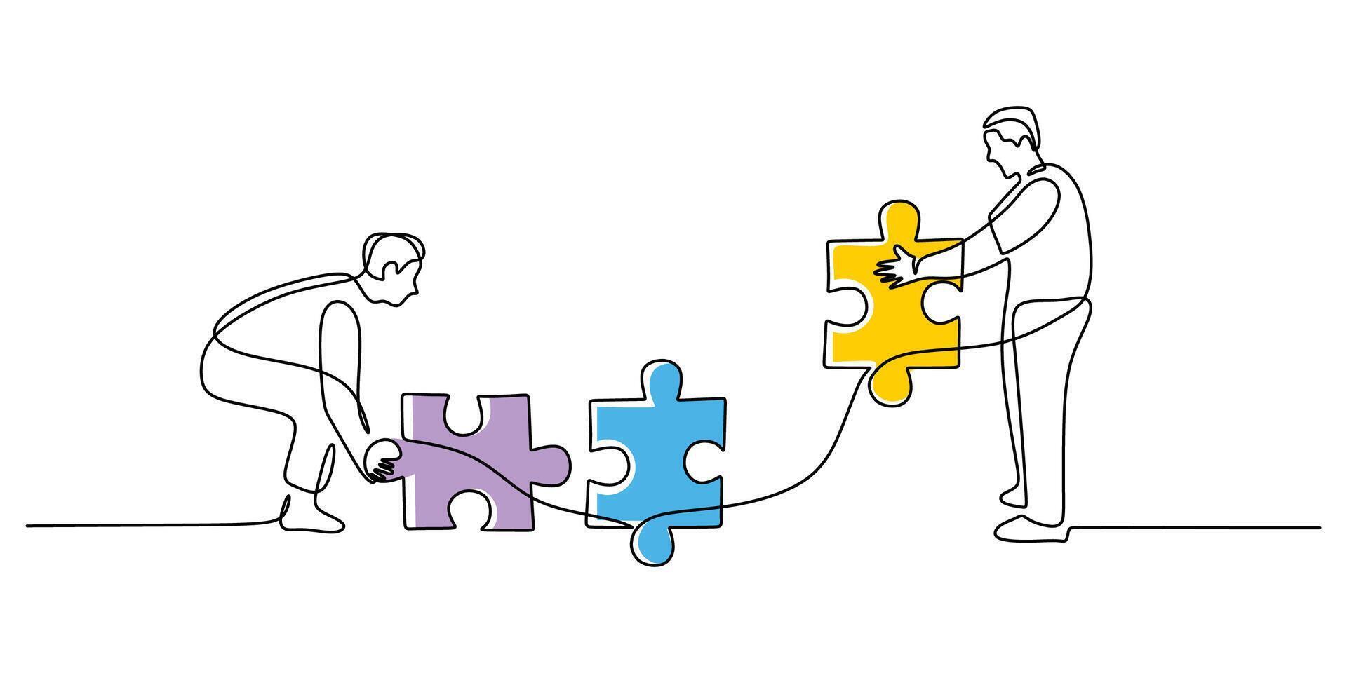 People assembling puzzle pieces in a continuous one line drawing, symbolizing teamwork and collaboration. vector
