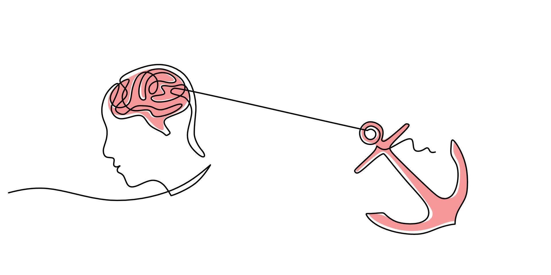 One line drawing of a head with a brain and anchor, symbolizing mental stability and resilience. vector