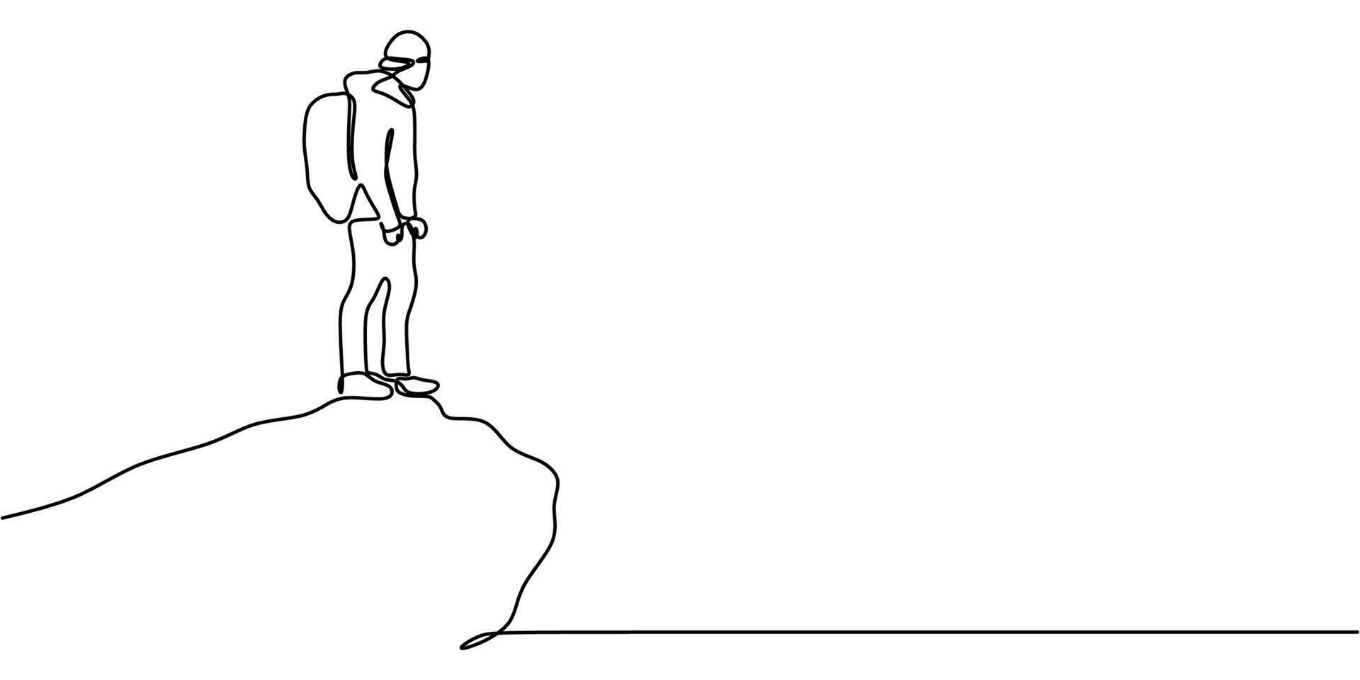 Continuous one line drawing of a man standing on a hilltop, representing achievement and embracing challenges. vector