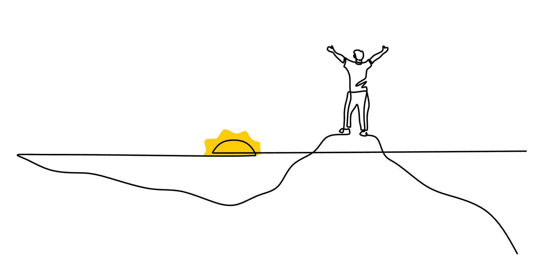 One line drawing of a man standing on a hilltop with a sunrise, symbolizing new beginnings and hope. vector