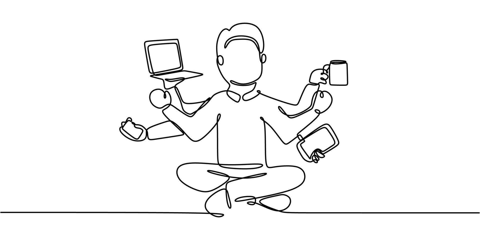 Continuous one line drawing of a man holding work equipment while sitting, representing work life balance and focus. vector