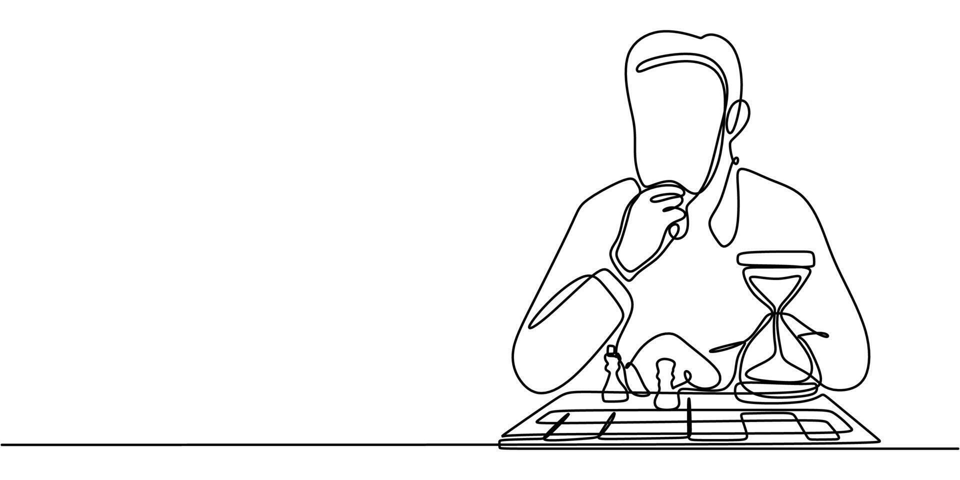 One line drawing of a man playing chess with an hourglass, symbolizing strategy, time management, and decision making. vector