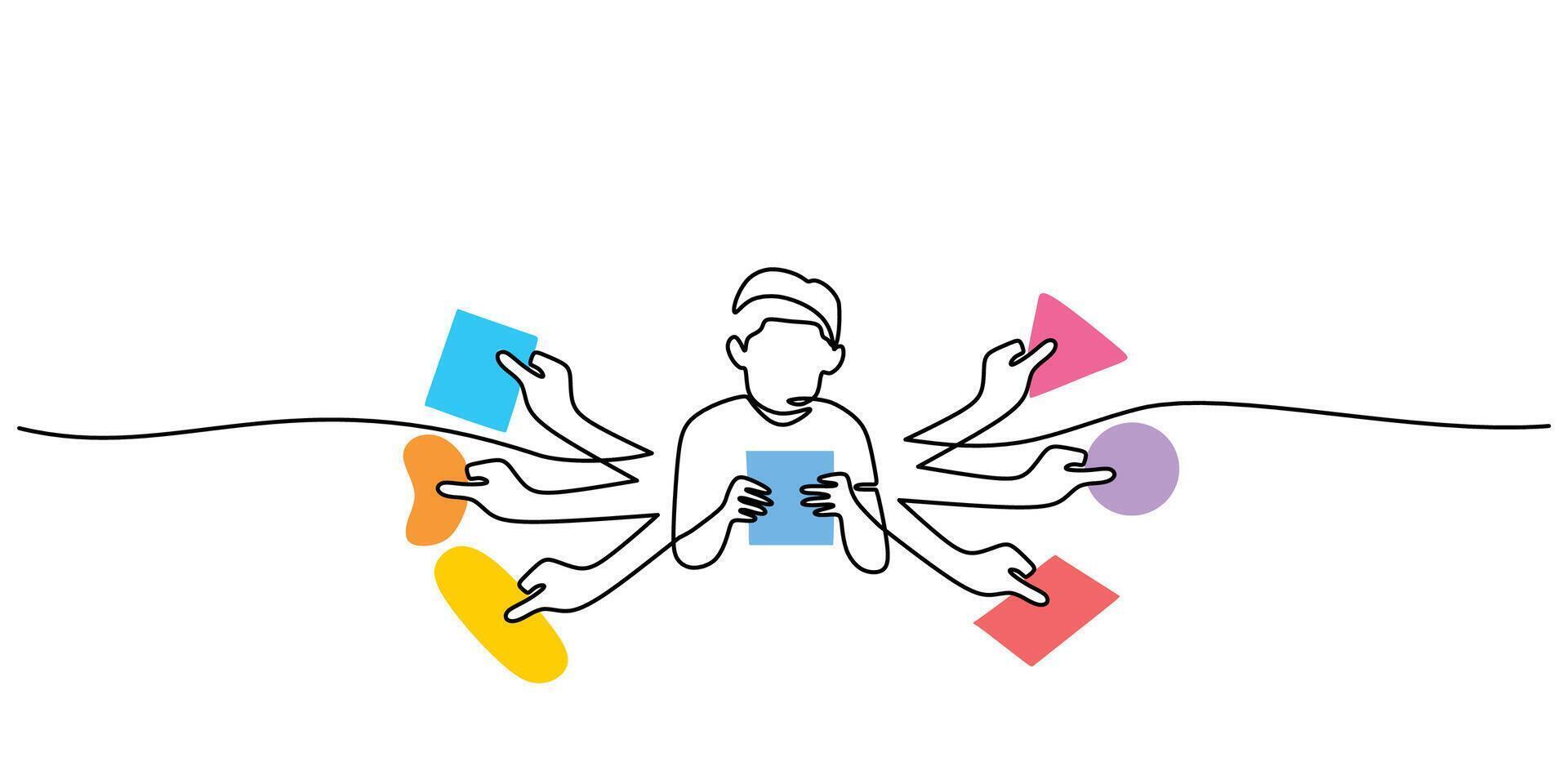 One line drawing of a man holding many task papers, symbolizing work overload and managing responsibilities. vector