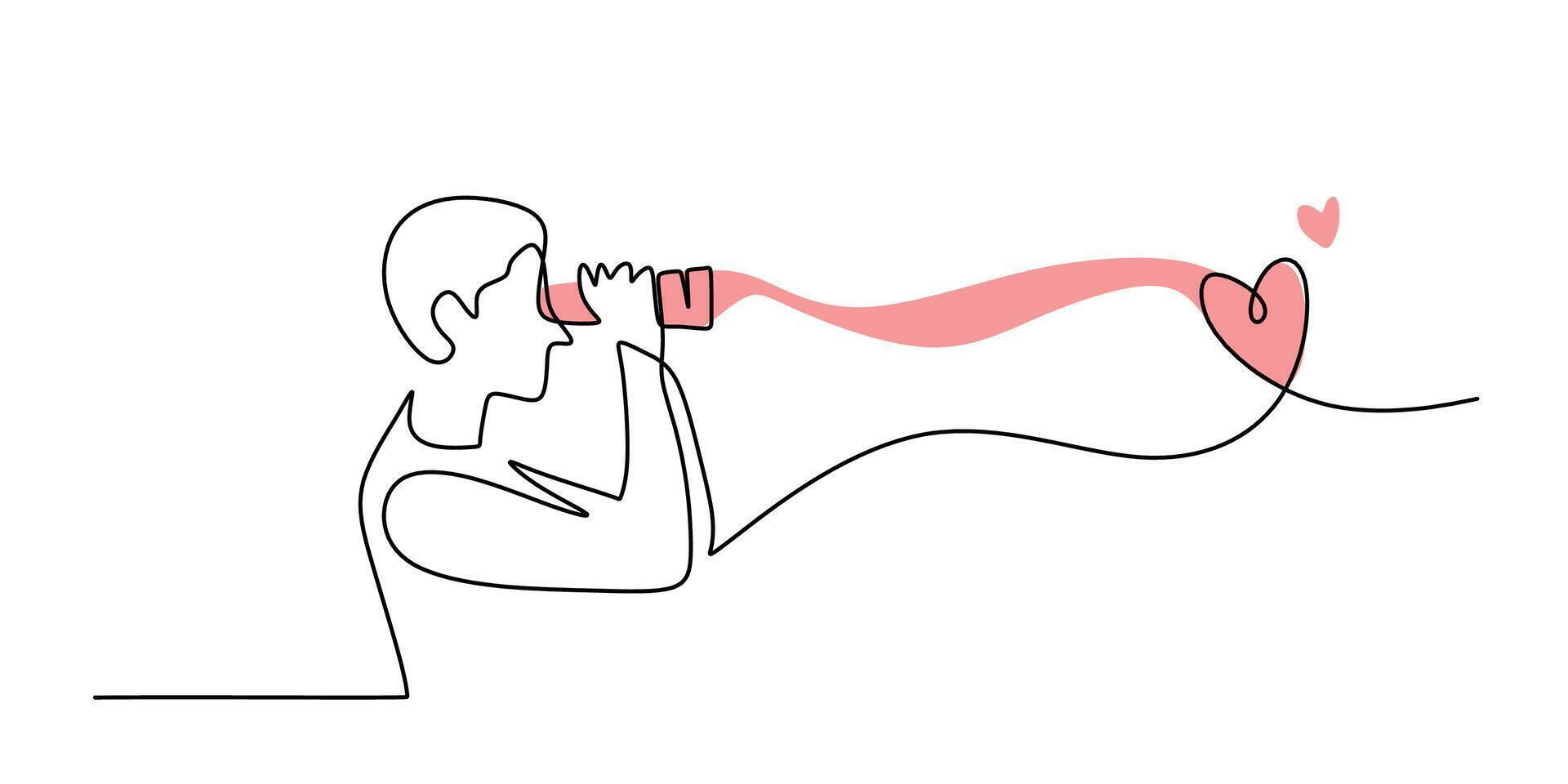 One line drawing of a man looking at a love symbol through binoculars, symbolizing the search for love and connection. vector