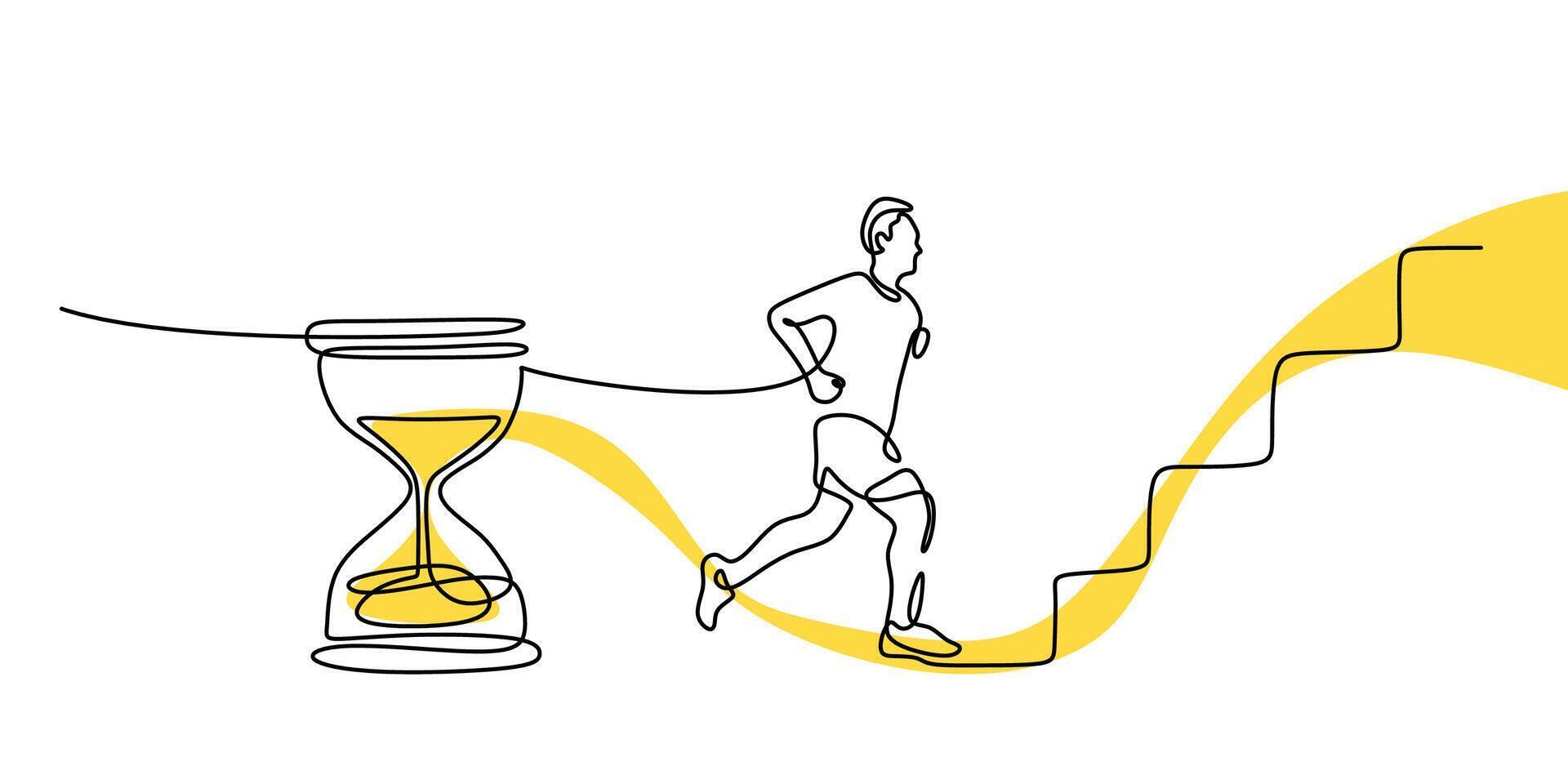 Hourglass with a man running towards stairs in one line drawing, symbolizing time management and urgency. vector