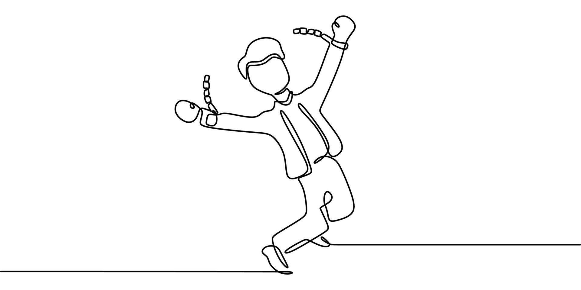 Continuous one line drawing of a person with chains breaking, representing freedom and release from constraints. vector