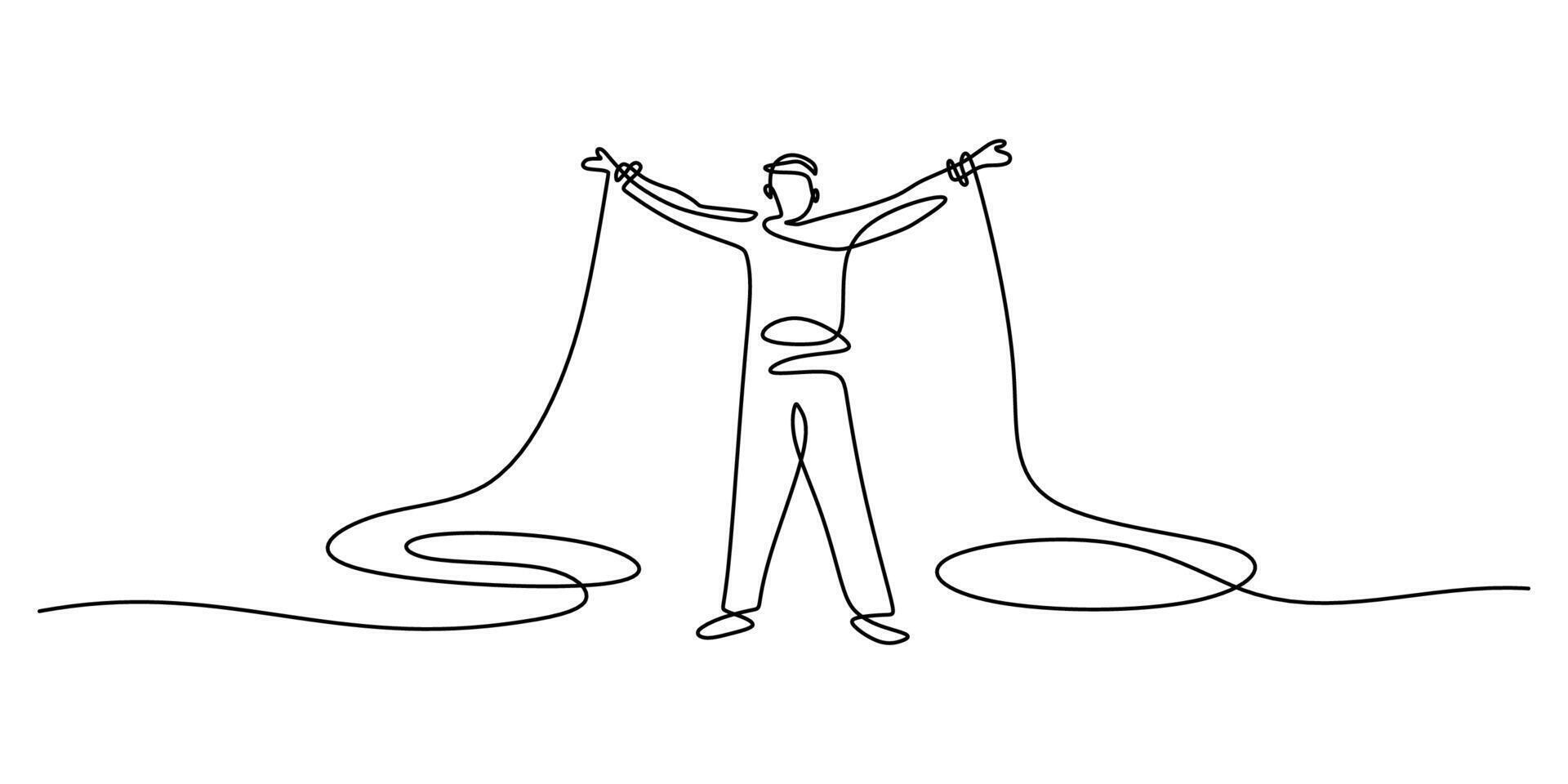 One line drawing of liberation. Person with Outstretched Arms and Flowing Lines vector