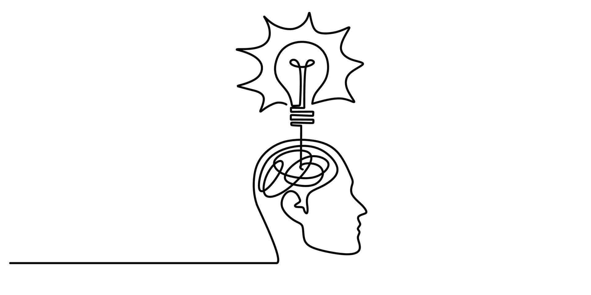Continuous one line drawing of a head with a brain and light bulb, symbolizing ideas, innovation, and realization. vector
