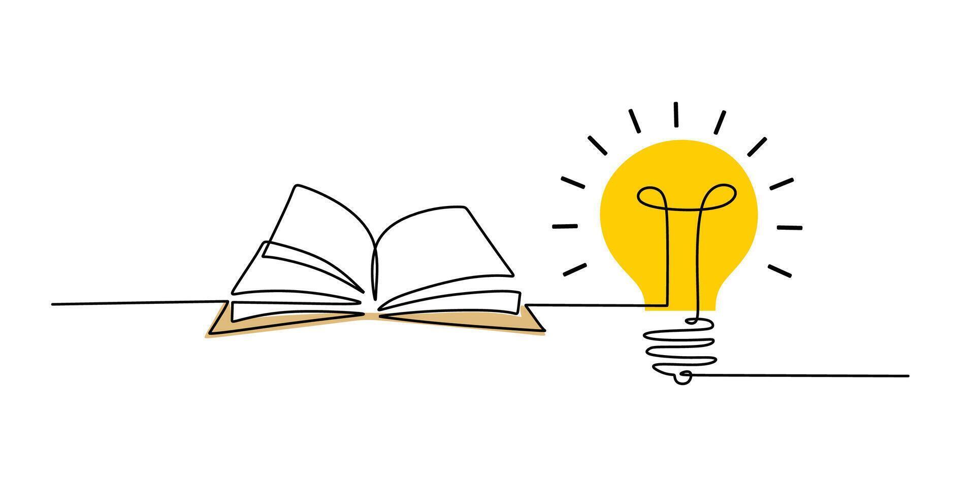 Light bulb and an open book in continuous line drawing, symbolizing learning, knowledge, and creativity. vector