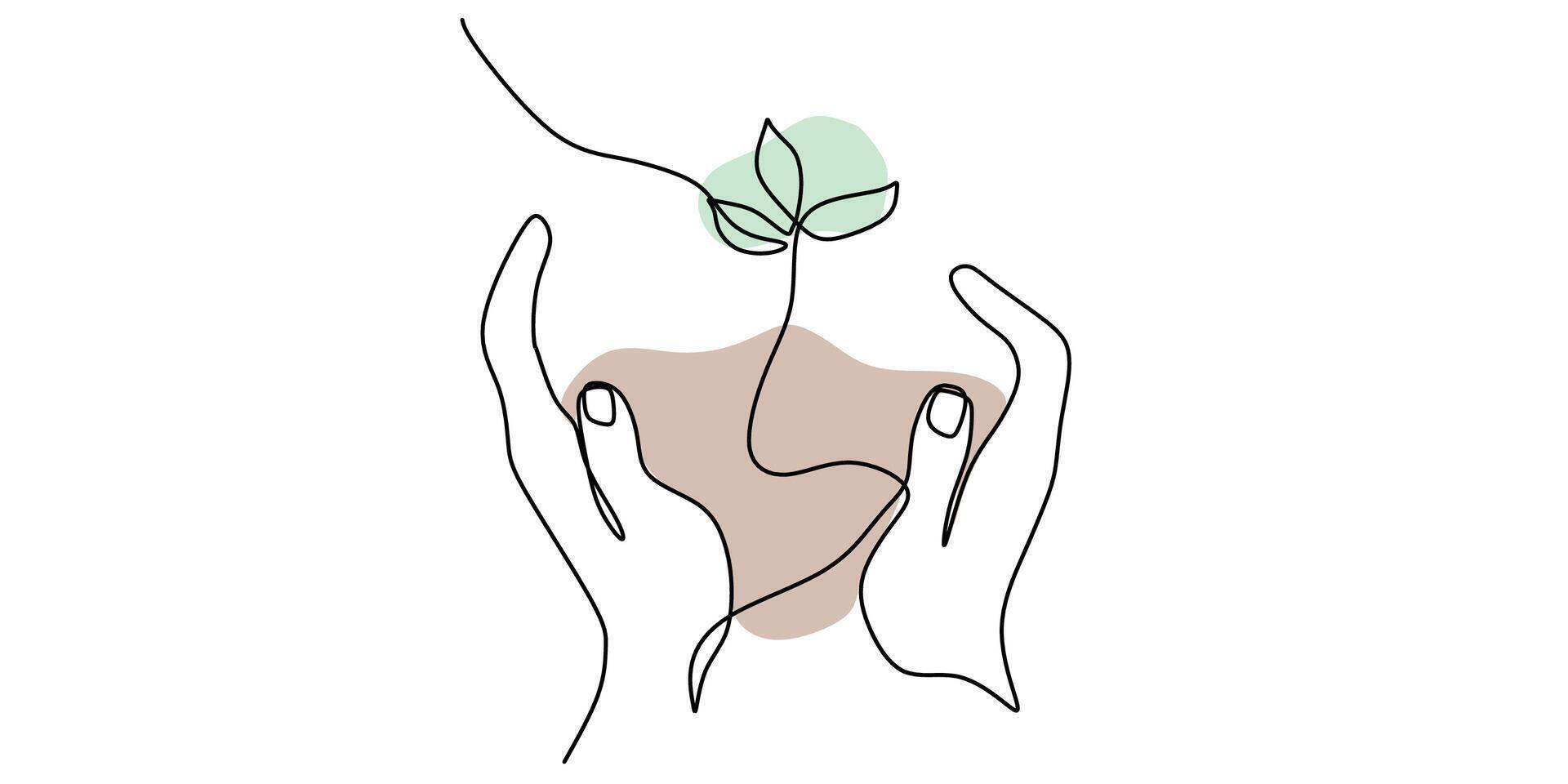 Hand surrounding a seedling in continuous line drawing, symbolizing nurturing and care for new growth. vector