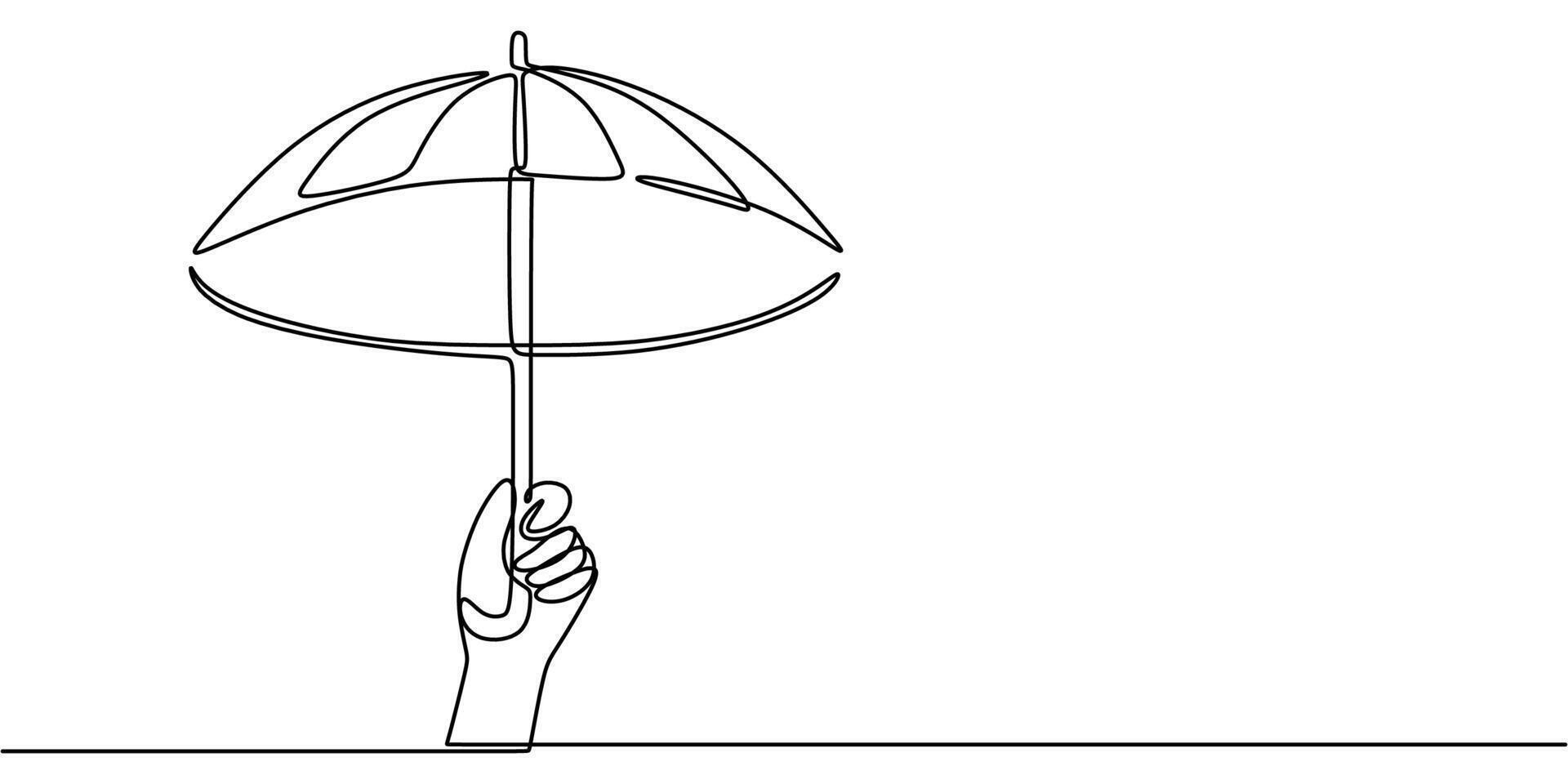 Hand holding an umbrella with falling rain in continuous line drawing, symbolizing resilience and protection. vector