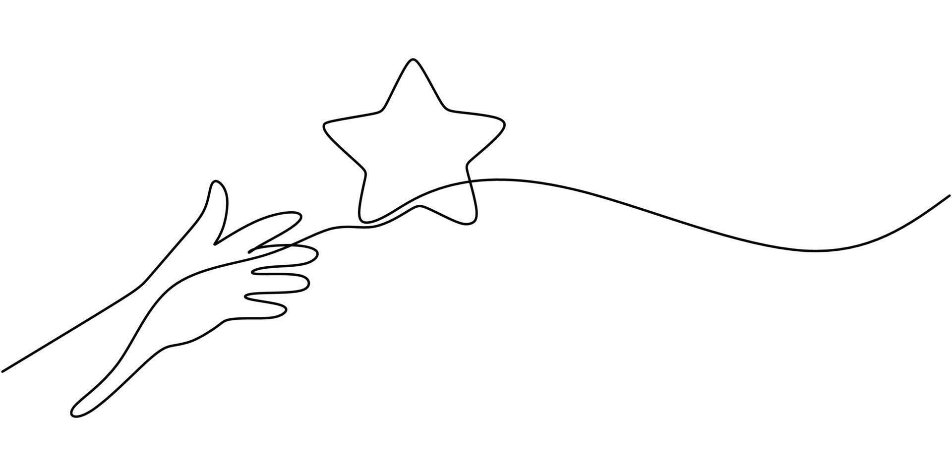 Hand reaching for the stars in continuous line drawing, symbolizing ambition and the pursuit of dreams. vector