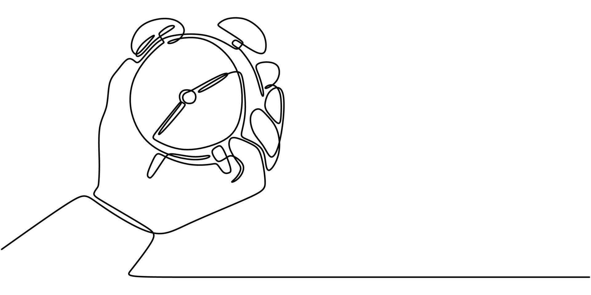 Hand holding a clock in continuous line drawing, symbolizing time and mindfulness. vector