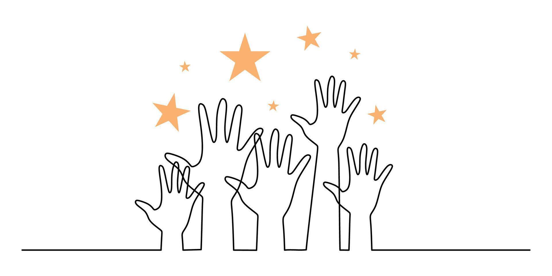 Hands reaching for the stars in continuous line drawing, symbolizing ambition and dreams. vector