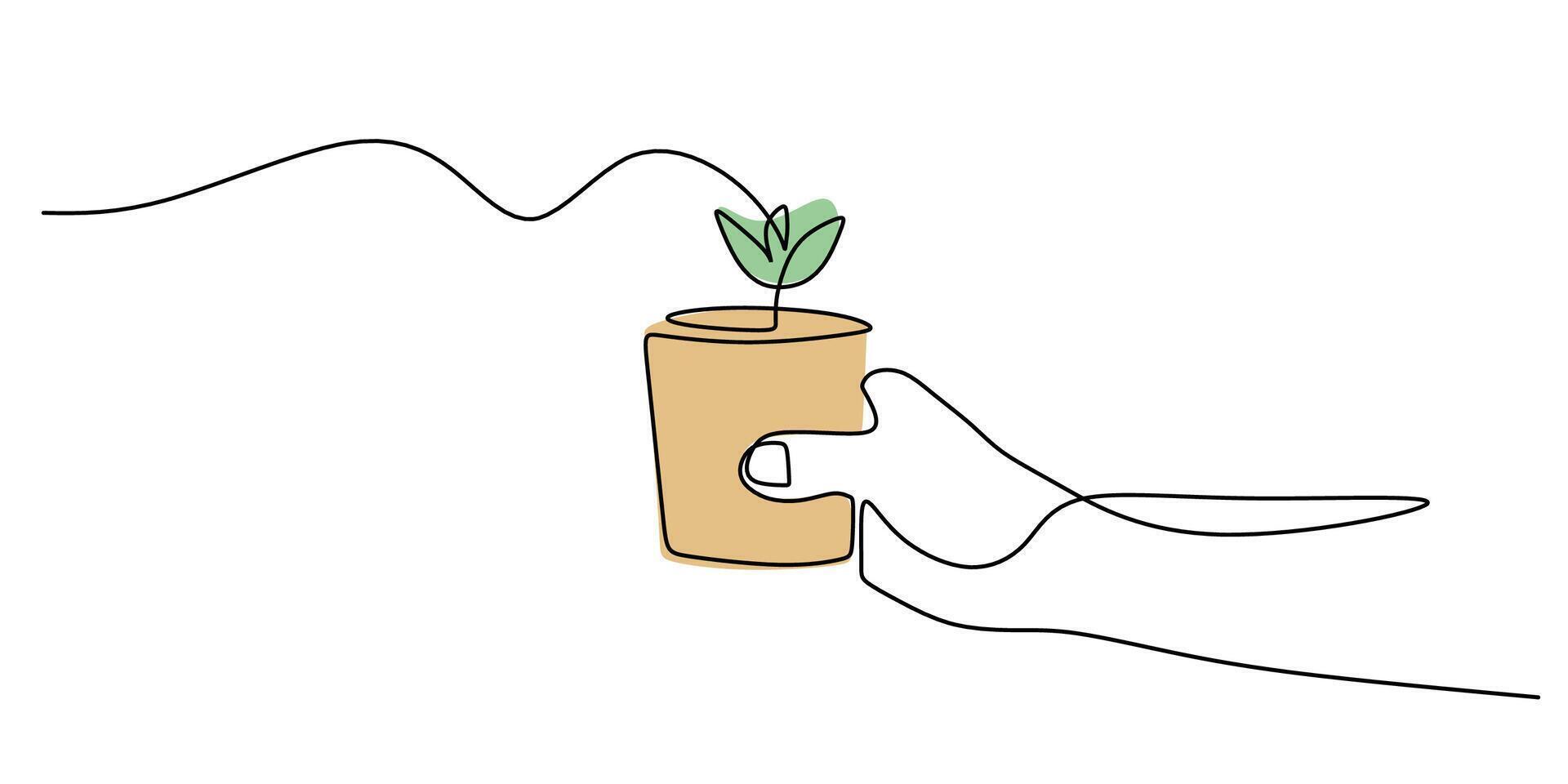 Continuous line drawing of a hand supporting a growing plant, representing growth and guidance. vector